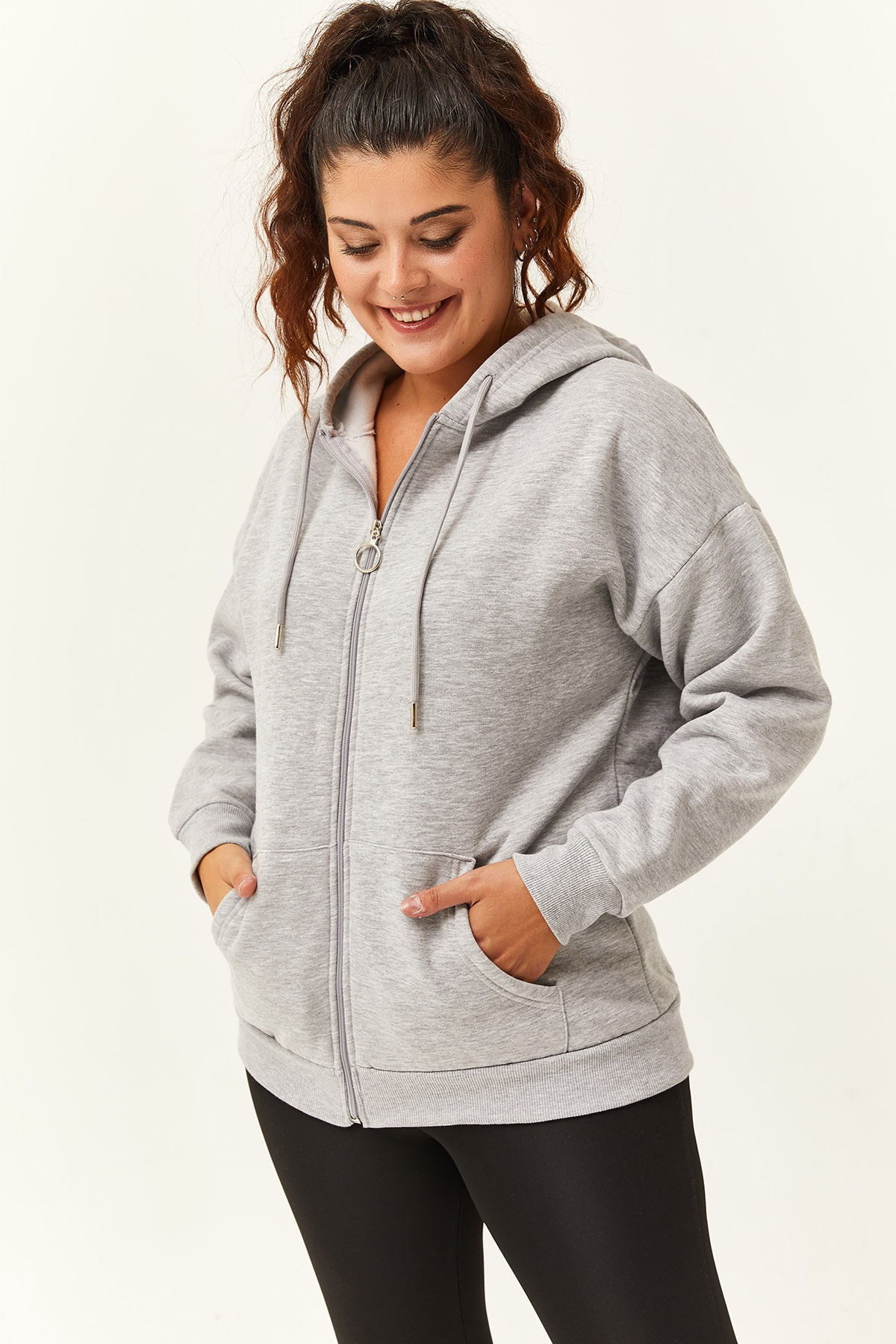Kadın Büyük Beden Şardonlu Fermuarlı Kalın Sweatshirt - Gri