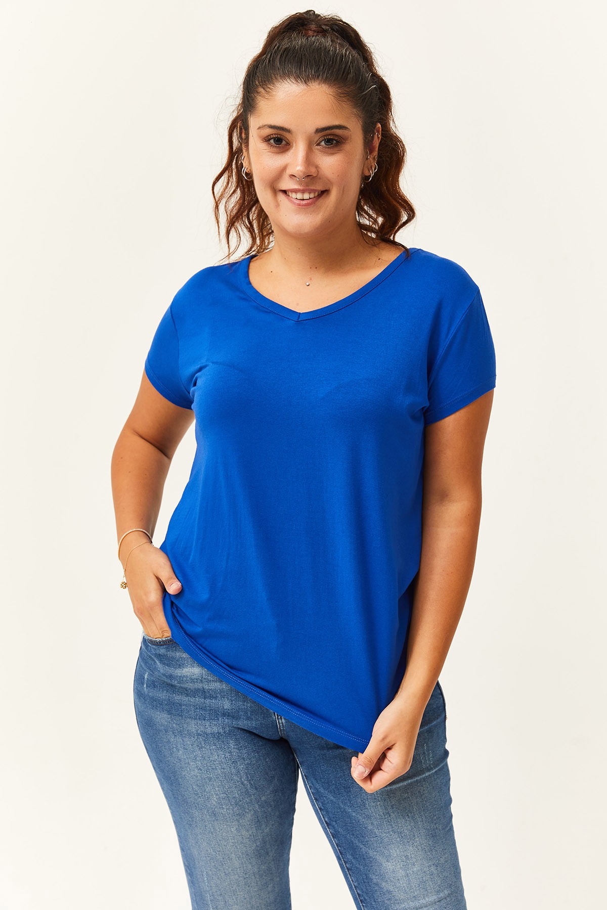 Kadın Büyük Beden V Yaka Basic Kısa Kollu T-Shirt - Mavi