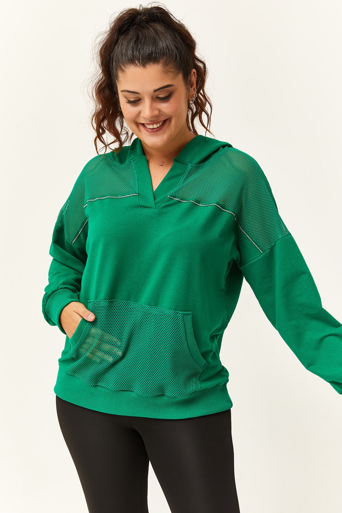 Kadın Büyük Beden File Detaylı Kapüşonlu Sweatshirt - Yeşil