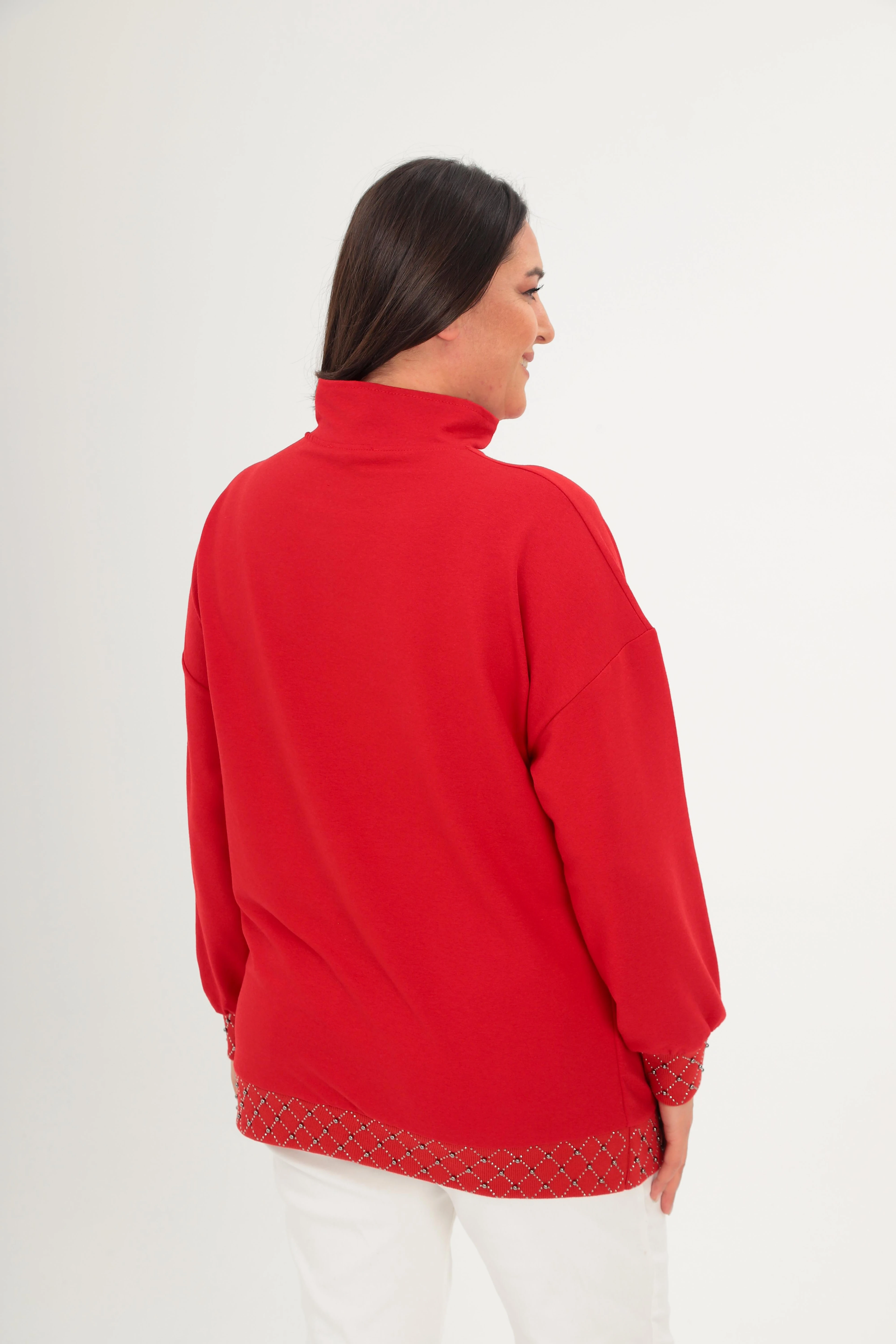 Büyük Beden Yarım Balıkçı Yaka Fermuarlı Geometrik Taş Detaylı  Sweatshirt