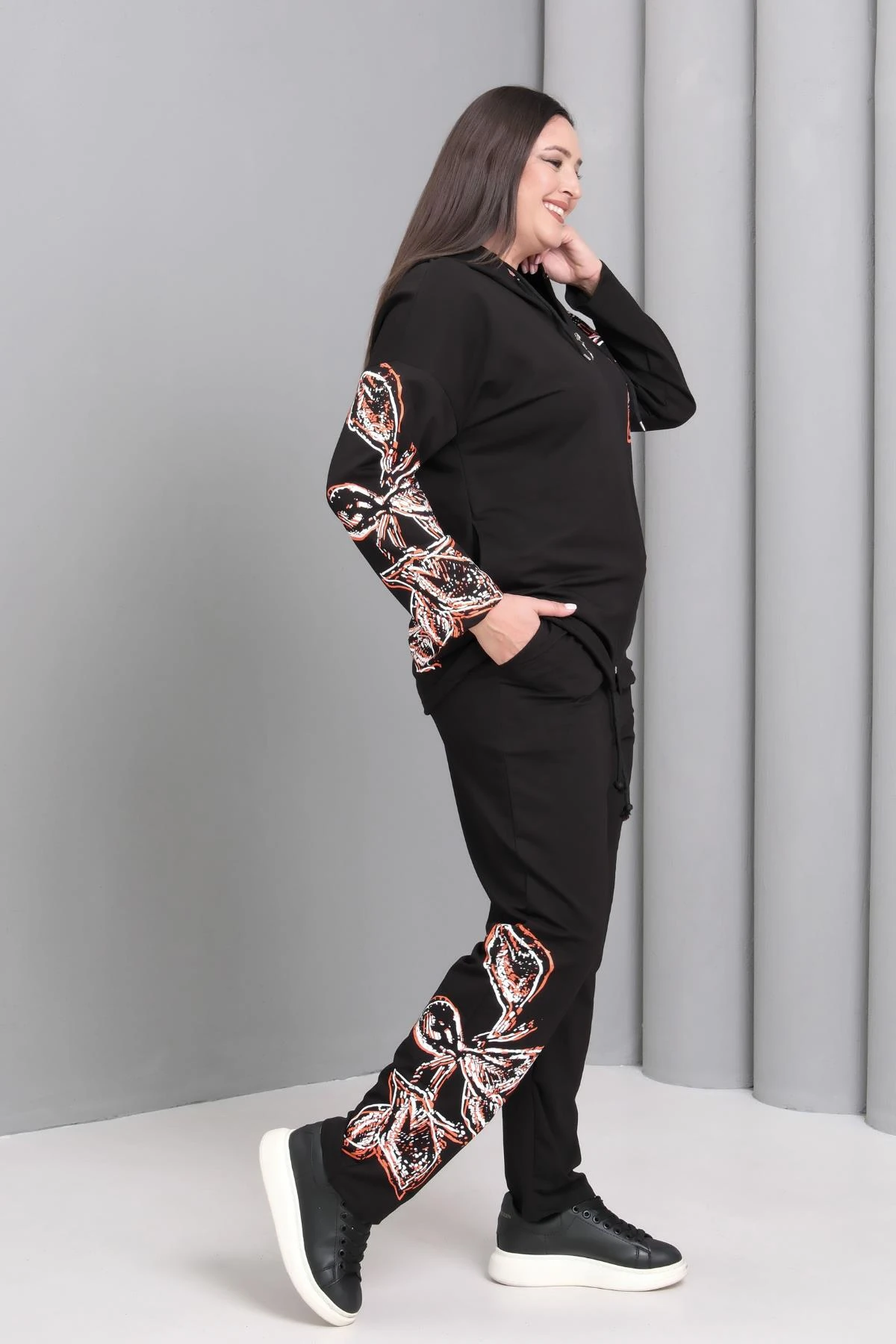 Kadın Büyük Beden Baskılı Fermuarlı Siyah Eşofman Takımı - Siyah