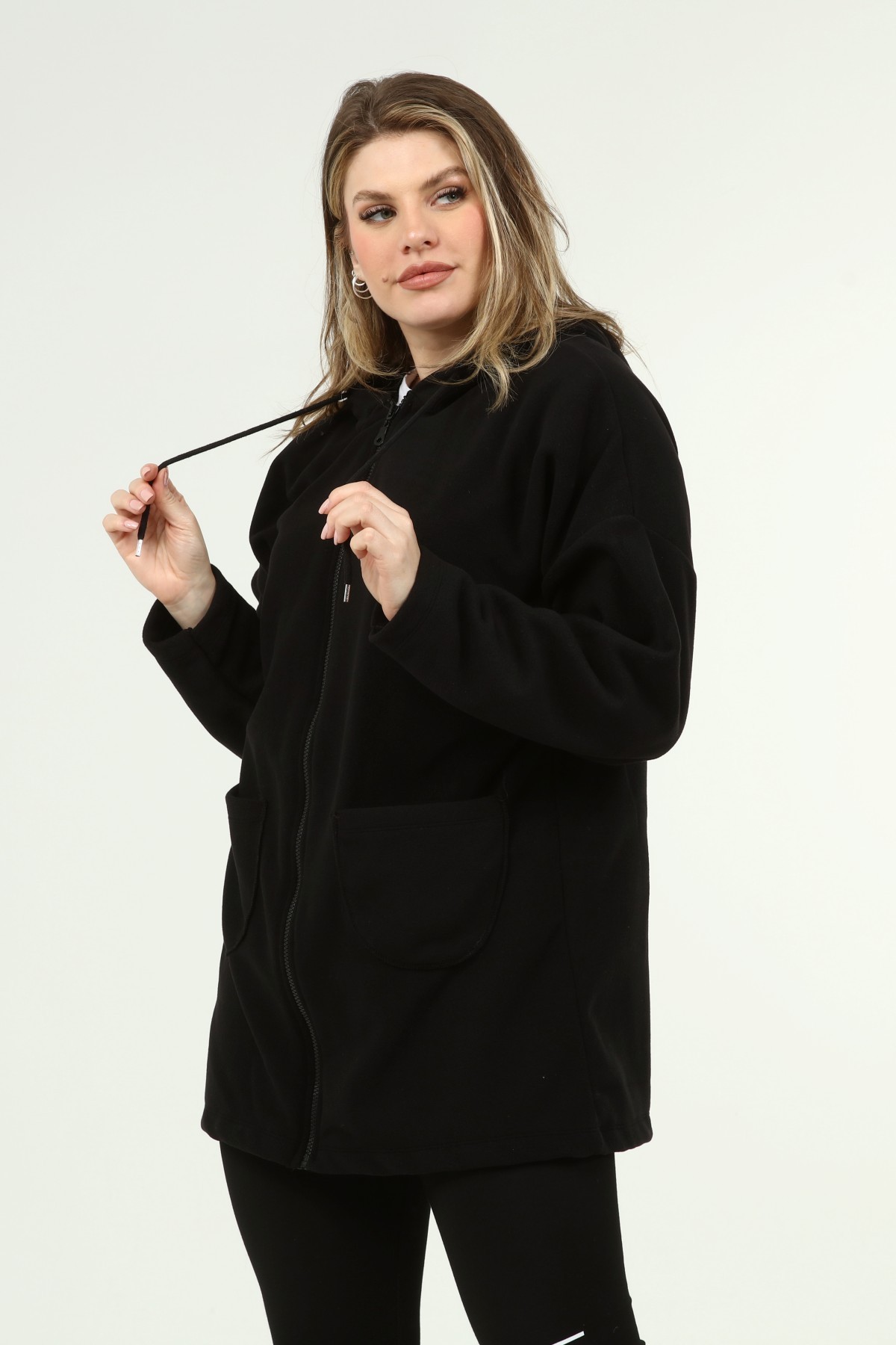 Kadın Büyük Beden Fermuarlı Basic Uzun Polar Sweatshirt