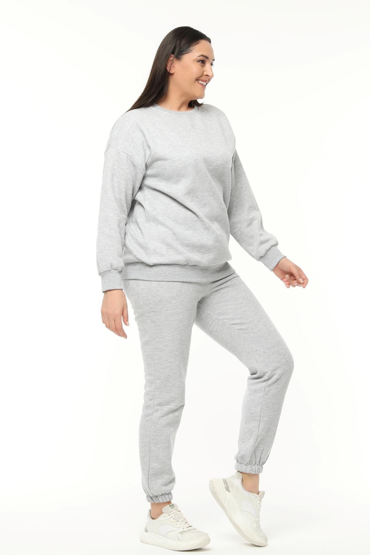 Kadın Büyük Beden Basıc Şardonlu Sweatshirt - Gri