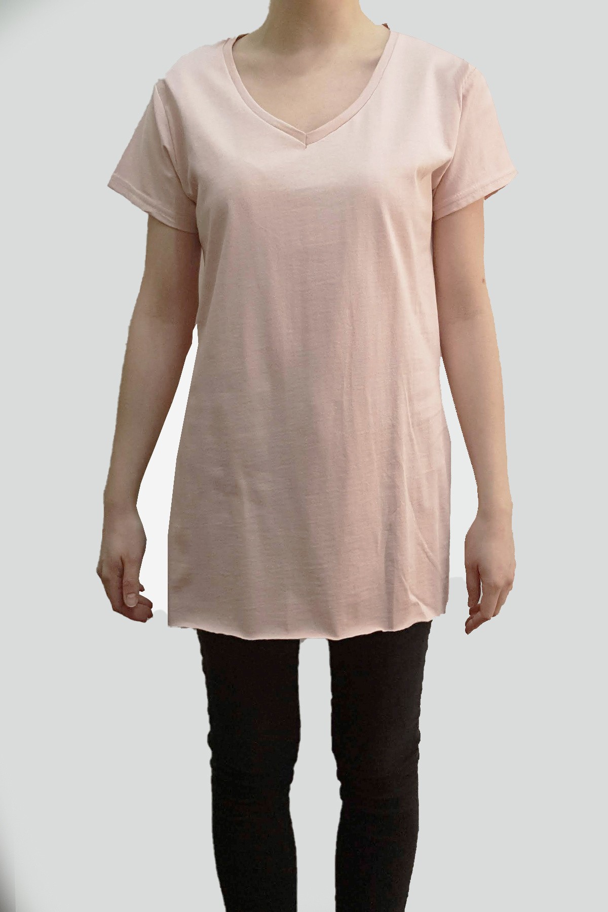 Kadın V Yaka Uzun Pamuklu T-Shirt - Pudra