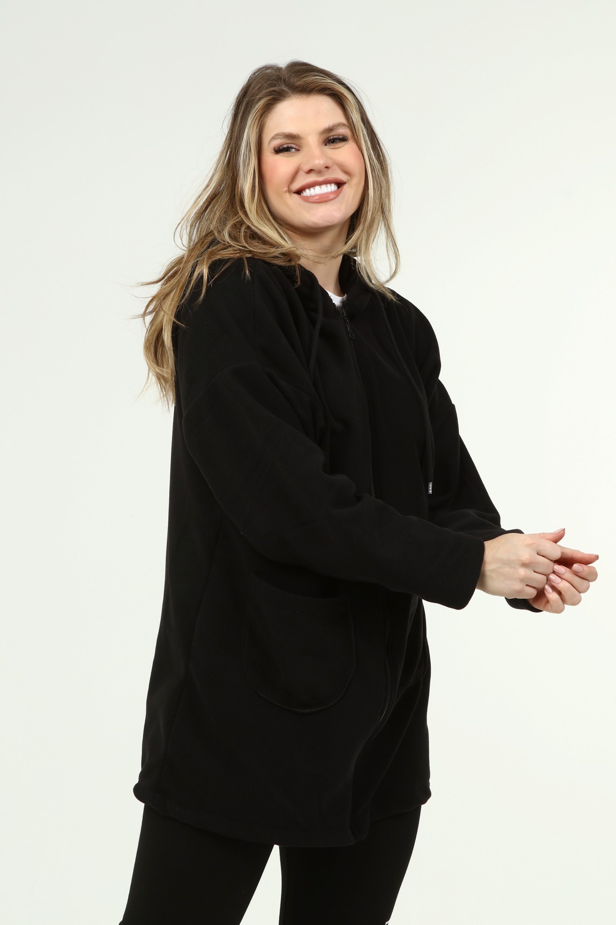 Kadın Büyük Beden Fermuarlı Basic Uzun Polar Sweatshirt