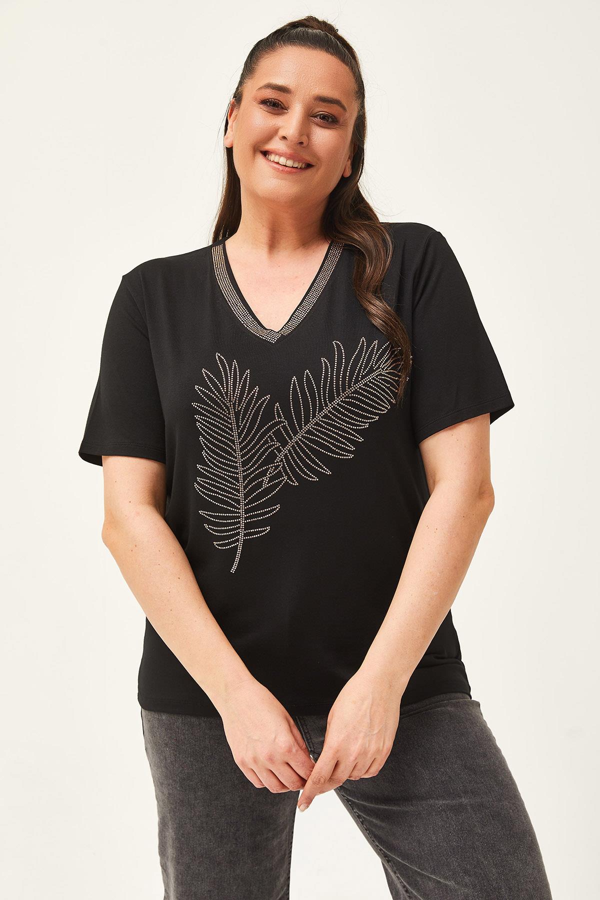 Kadın Büyük Beden Yaprak Desenli Taş Baskılı Bluz - Siyah-Kahve