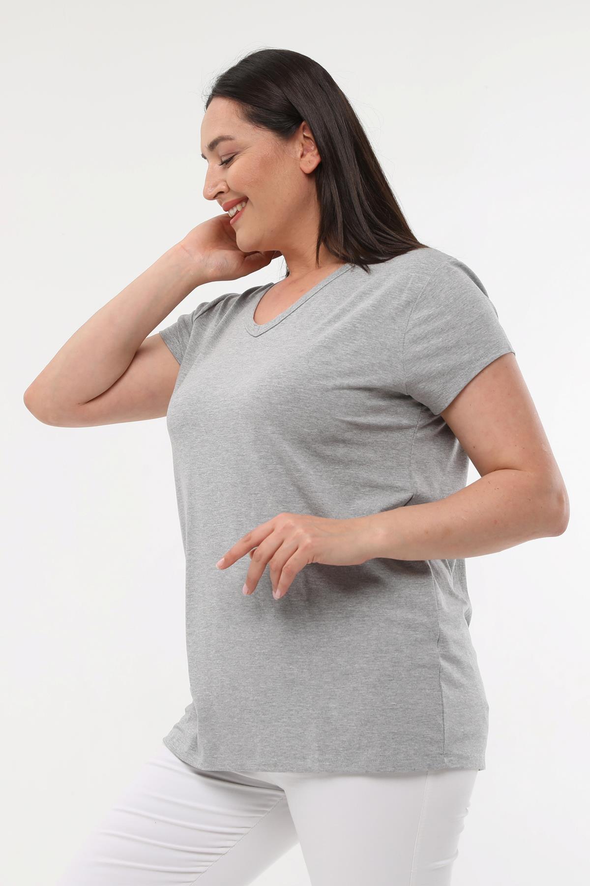 Kadın Büyük Beden V Yaka Basic Kısa Kollu T-Shirt - Gri