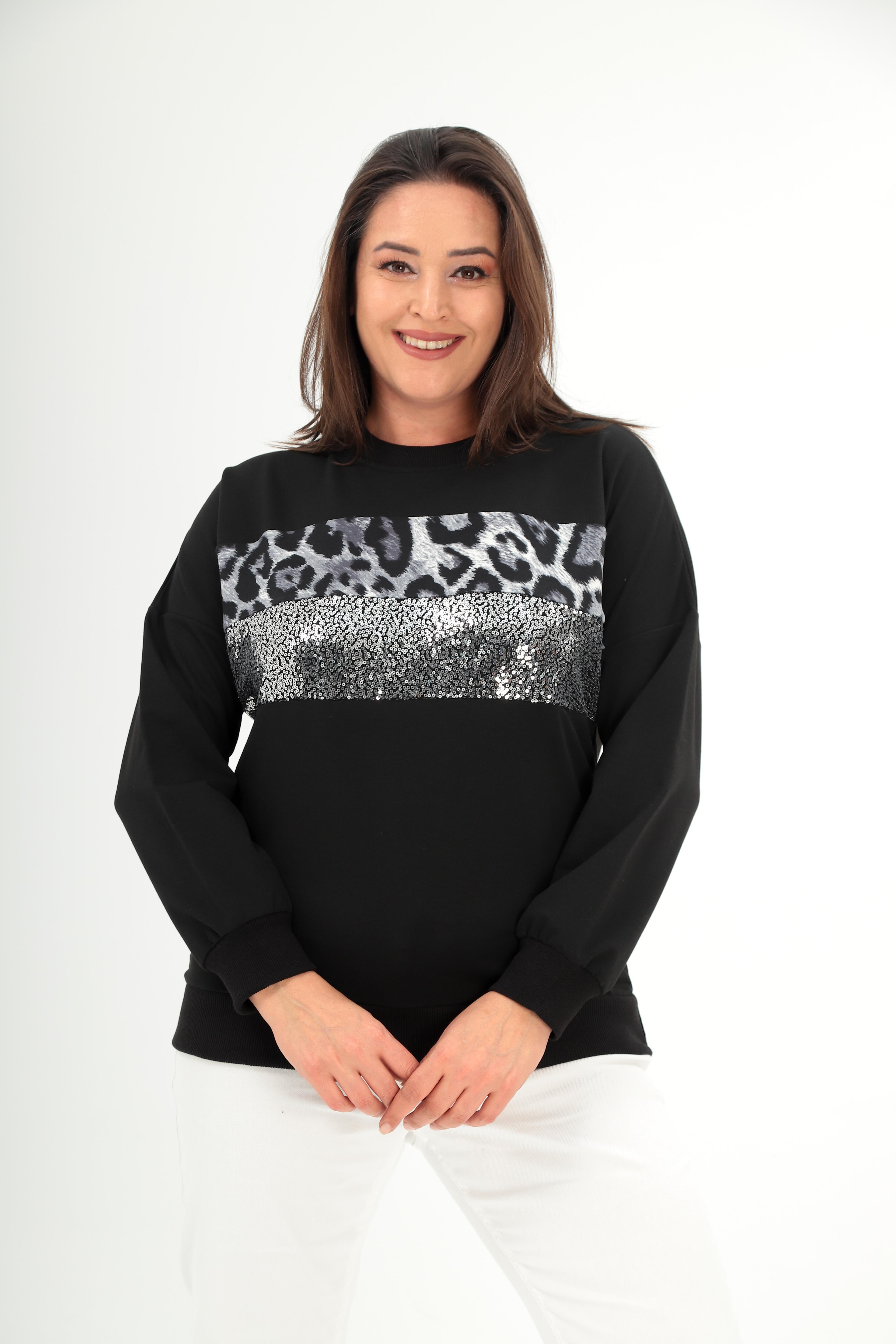 Kadın Büyük Beden Bisiklet Yaka Leopar Desenli Payetli Sweatshirt  - Siyah-Beyaz