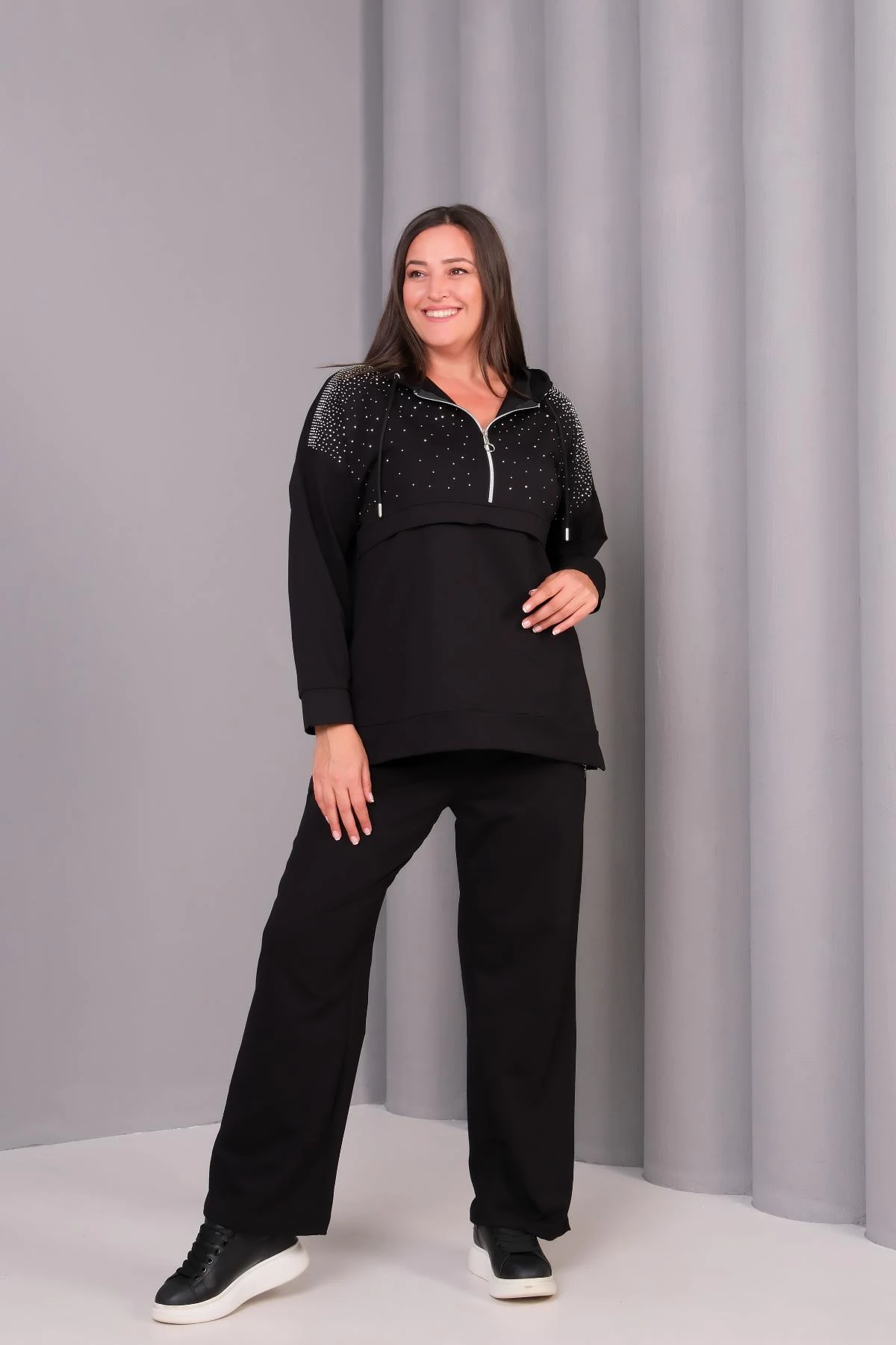 Kadın Büyük BedenTaş Baskı Detaylı Kapüşonlu Şık Eşofman Takımı