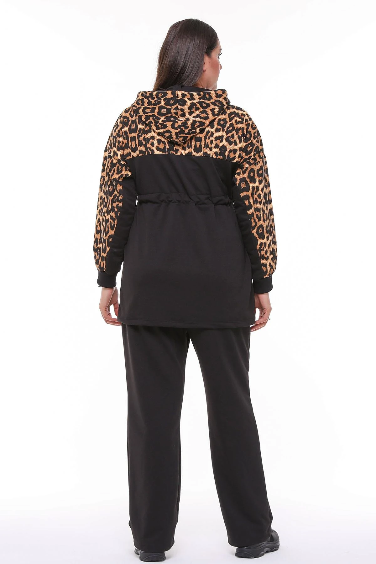 Kadın Büyük Beden Leopar Garnili Bağlama Detaylı Eşofman Takımı - Siyah