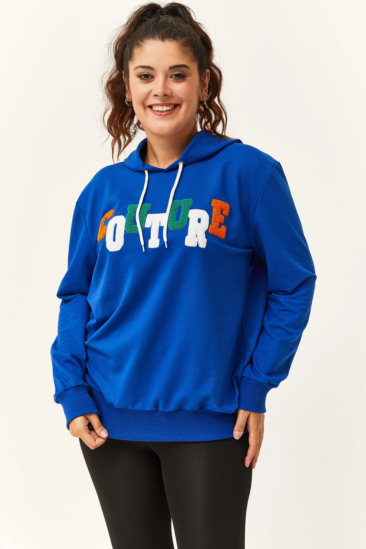 Kadın Büyük Beden Couture Yazılı Sweatshirt - Mavi