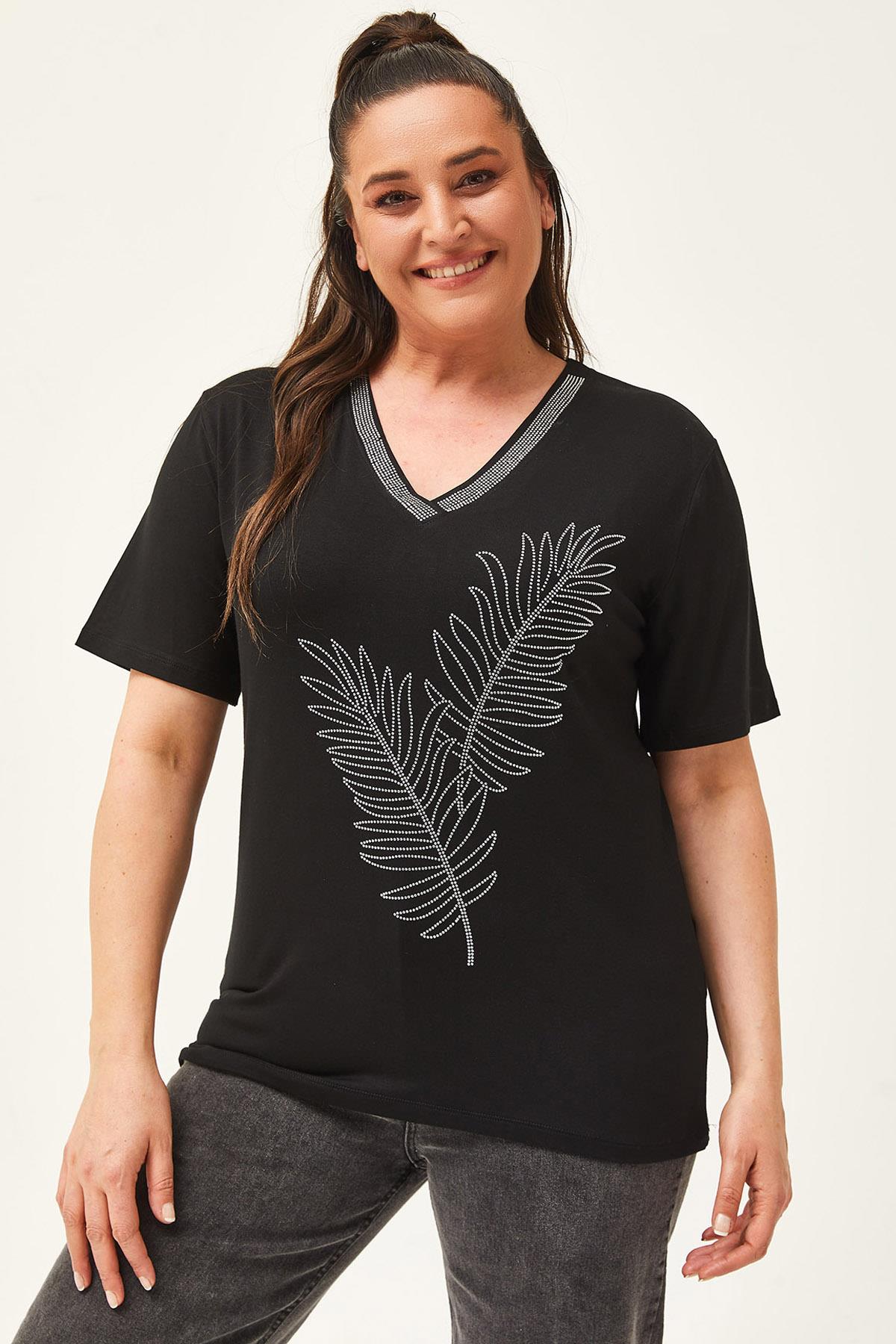 Kadın Büyük Beden Yaprak Desenli Taş Baskılı Bluz - Siyah-Sarı