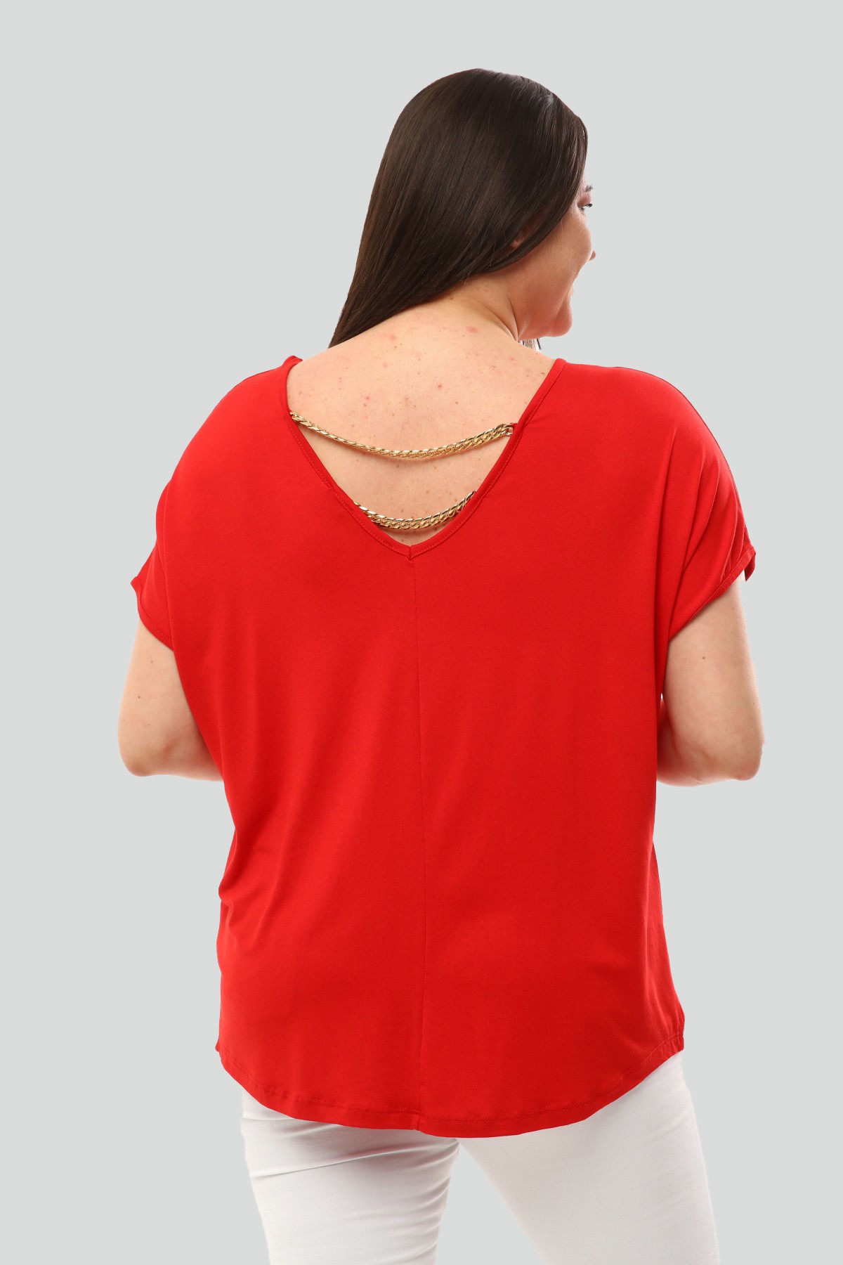 Kadın Büyük Beden V Yaka Sırt Zincir Detaylı Bluz - Kırmızı
