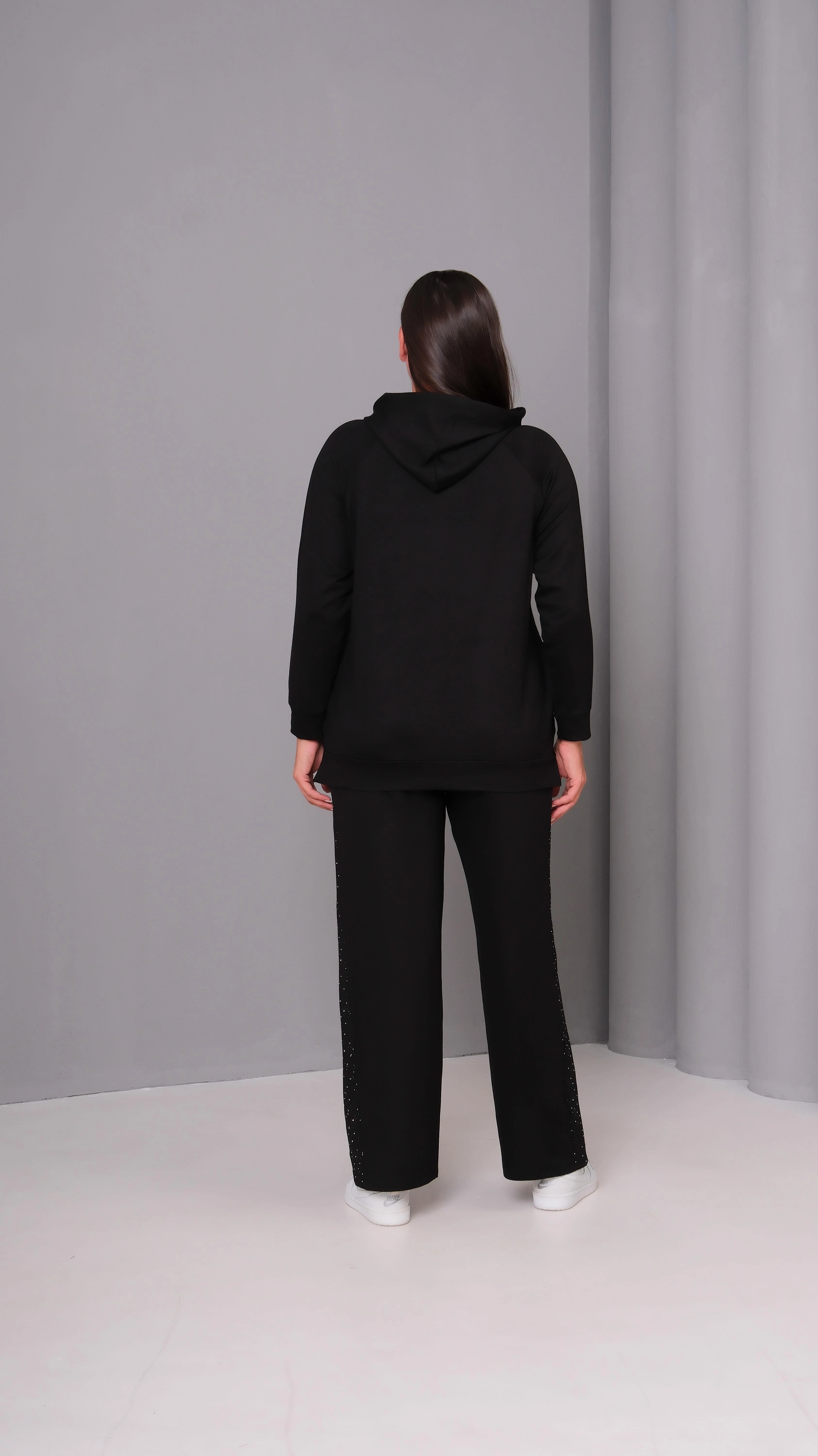 Kadın Büyük Beden Sho Kumaş Taş Detay Kapüşonlu Eşofman Takımı