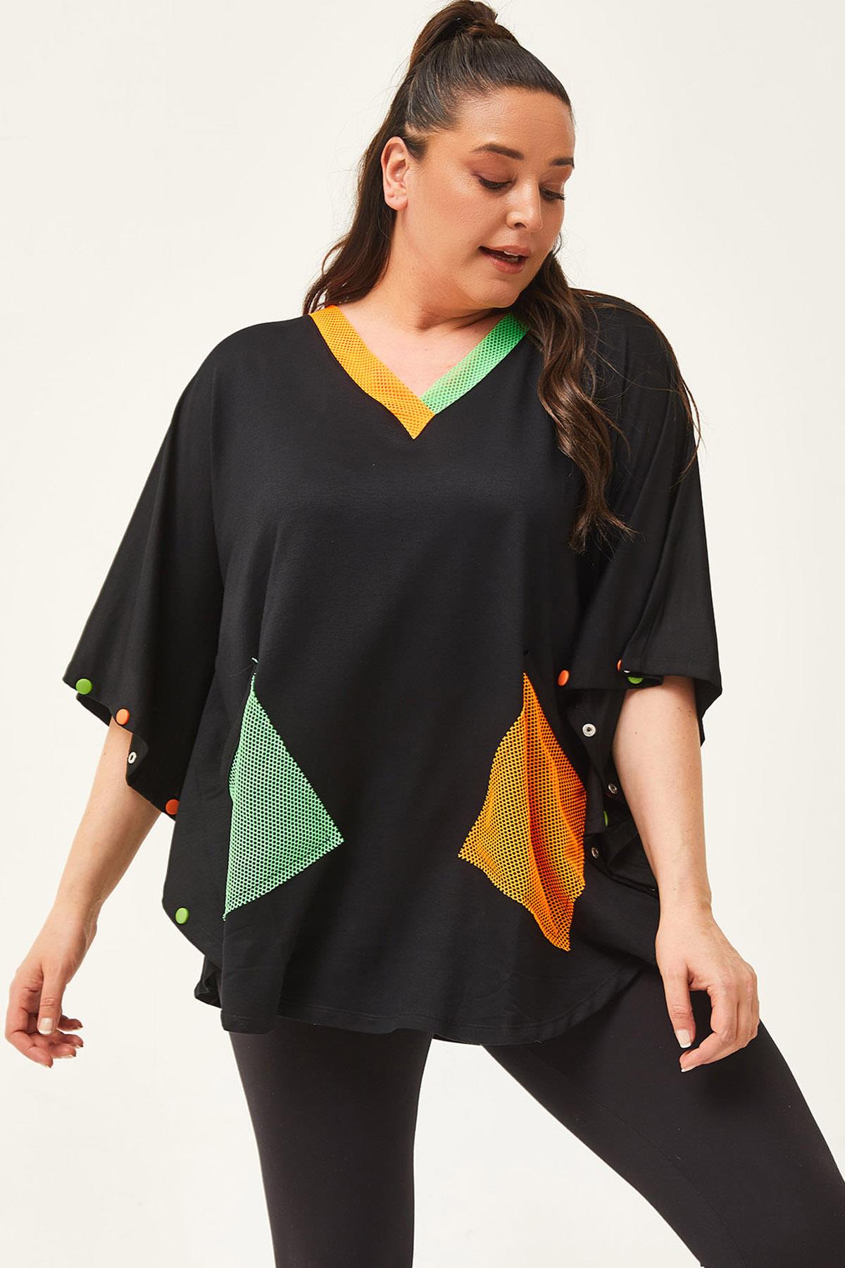 Kadın Büyük Beden Ekstra Rahat Kalıp Renkli File Cep Detay Bluz