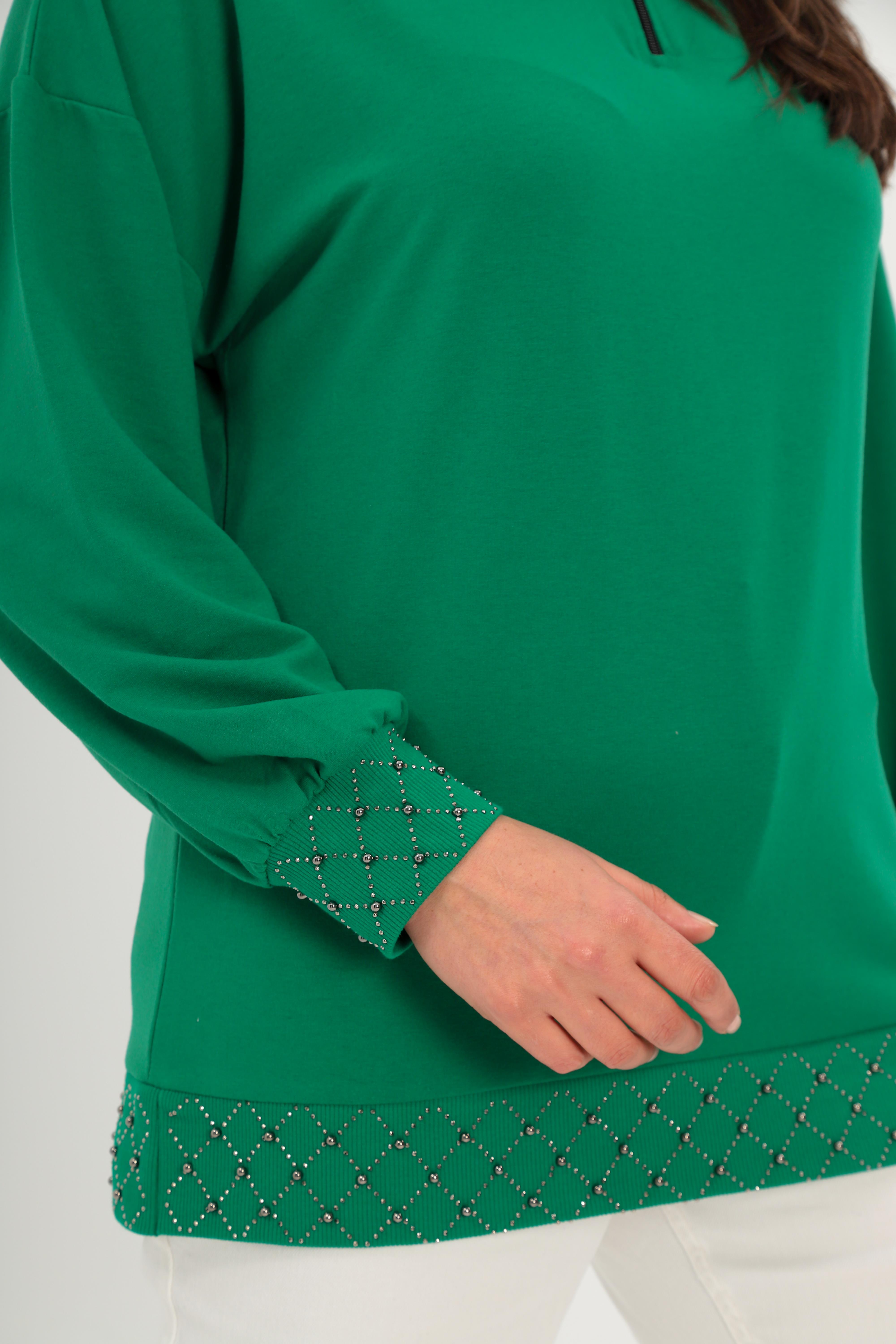 Büyük Beden Yarım Balıkçı Yaka Fermuarlı Geometrik Taş Detaylı  Sweatshirt - Yeşil