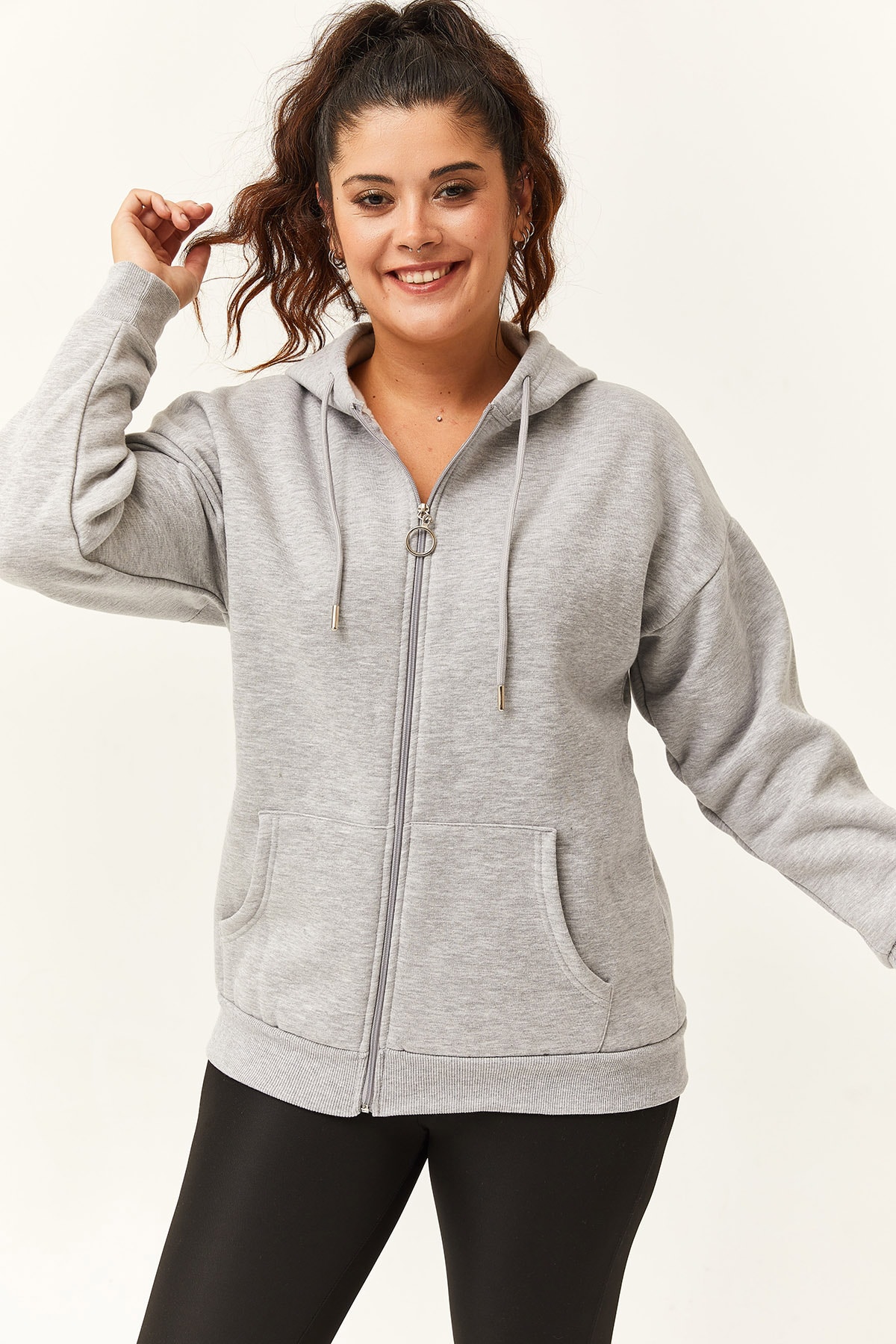 Kadın Büyük Beden Şardonlu Fermuarlı Kalın Sweatshirt - Gri