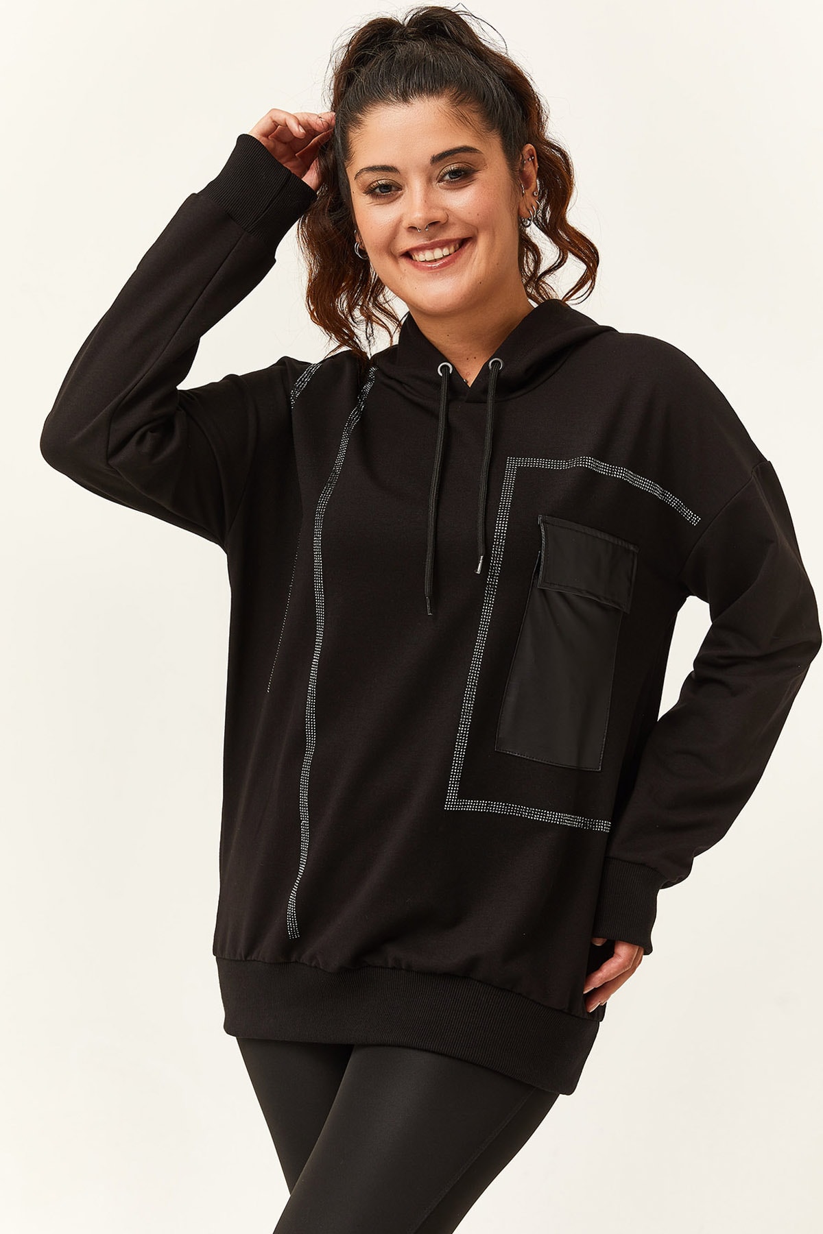 Kadın Büyük Beden Deri Cep Detaylı Taş İşlemeli Sweatshirt - Siyah