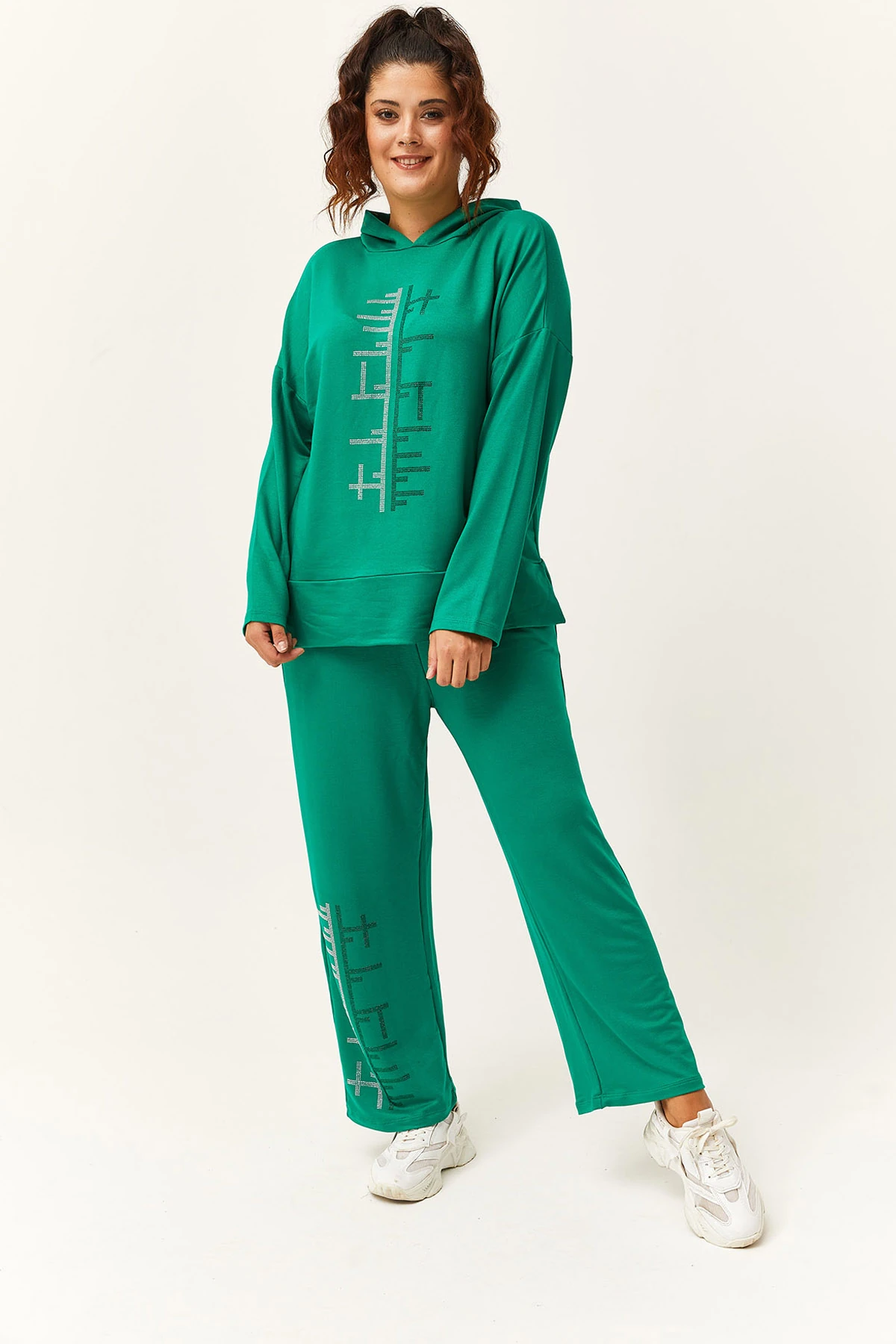 Kadın Büyük Beden Gümüş Taş Baskılı Kapüşonlu Eşofman Takımı - Yeşil