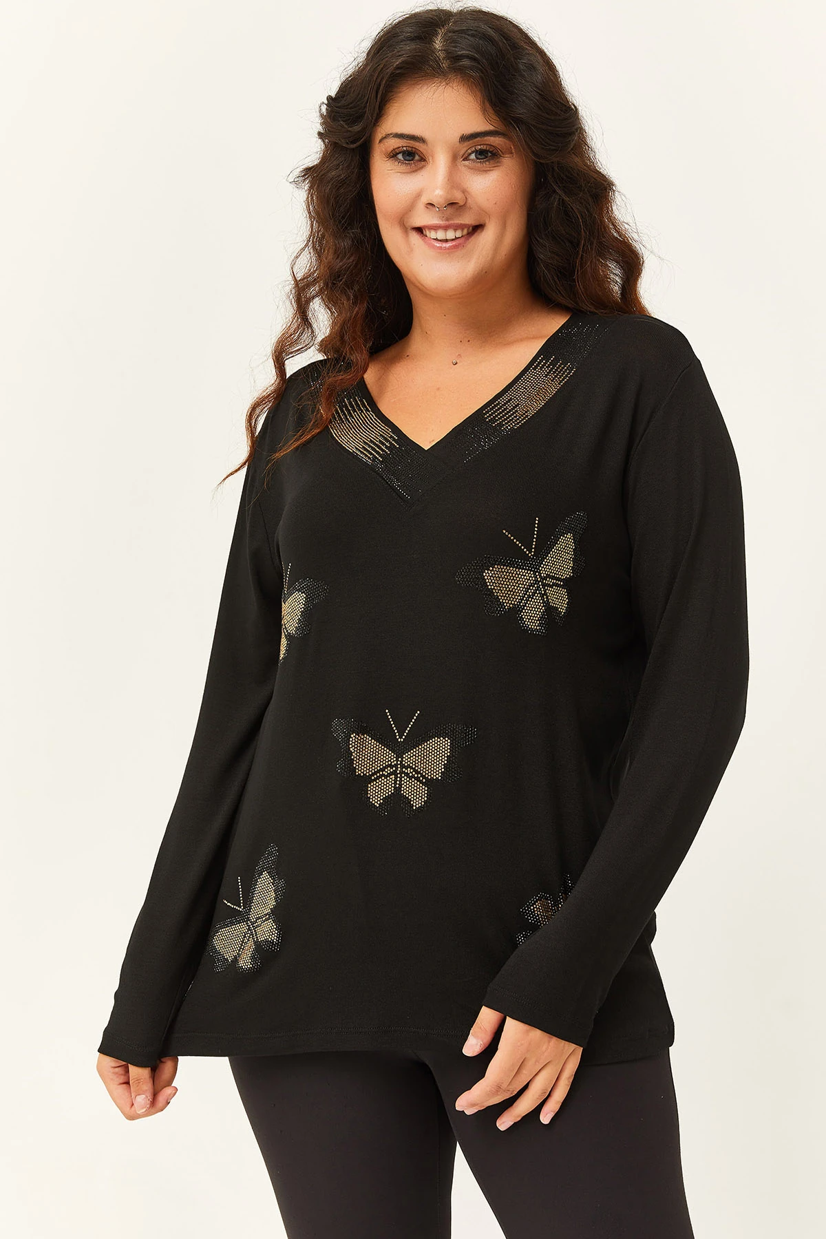 Kadın Büyük Beden Kelebek Gold Taş Baskılı Bluz - Siyah