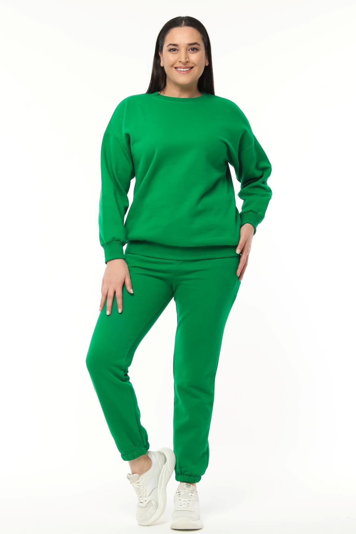 Kadın Büyük Beden Basıc Şardonlu Sweatshirt - Yeşil