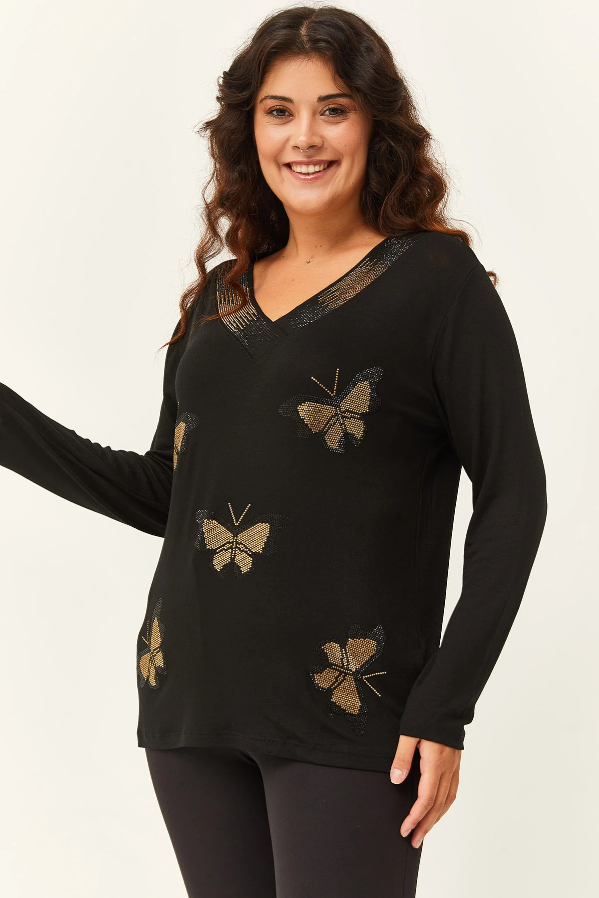 Kadın Büyük Beden Kelebek Gold Taş Baskılı Bluz - Siyah