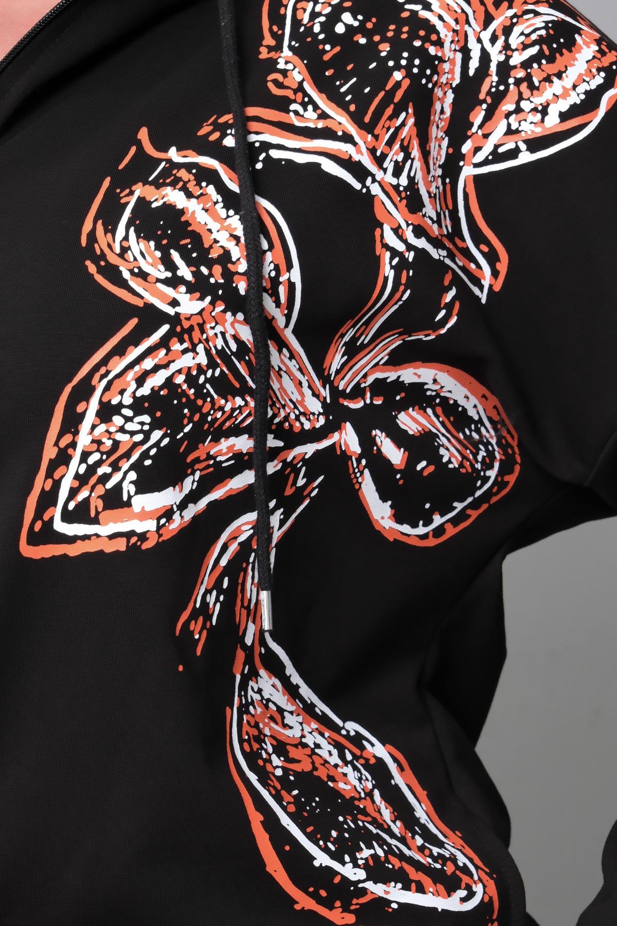 Kadın Büyük Beden Baskılı Fermuarlı Siyah Eşofman Takımı