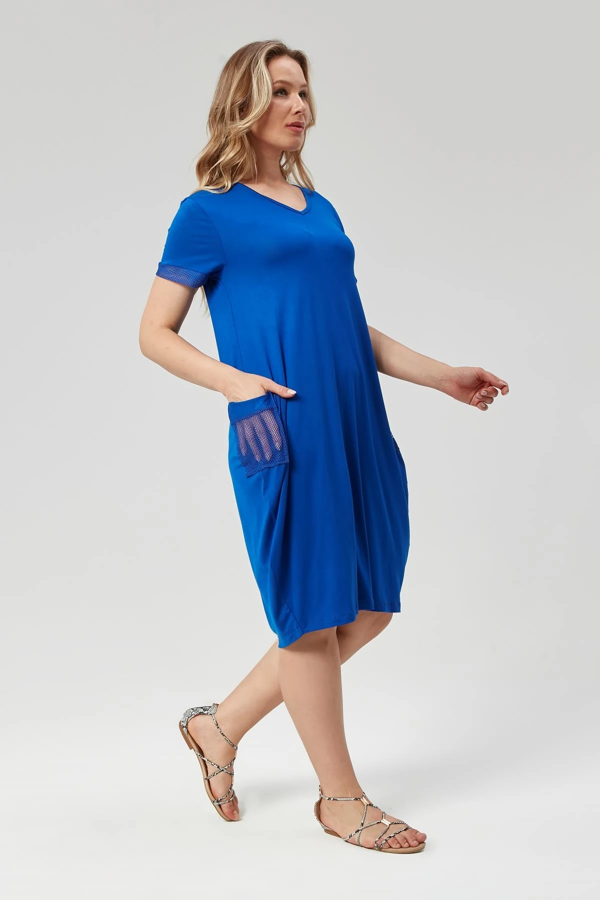 Kadın Büyük Beden Cep ve Kol File Detaylı Elbise - Mavi