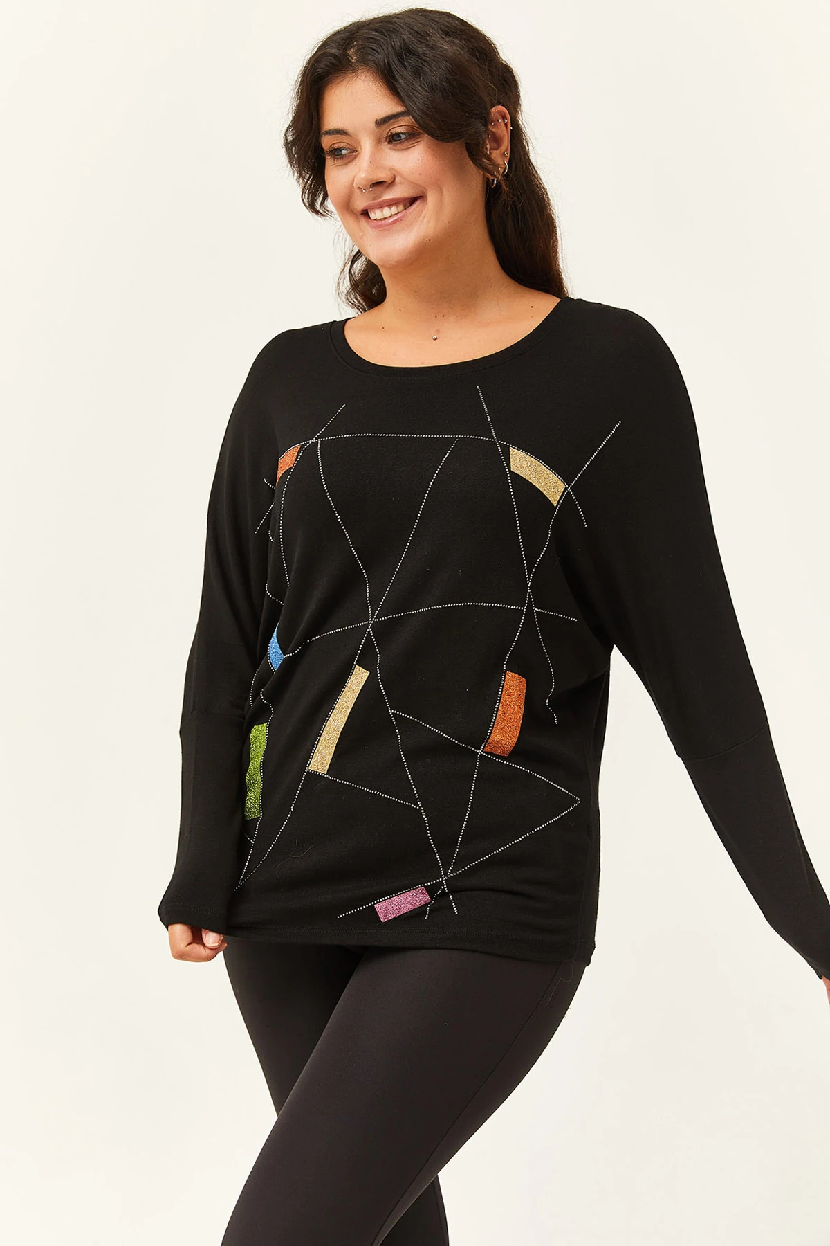 Kadın Büyük Beden Renkli Taş Baskılı Siyah Bluz - Siyah