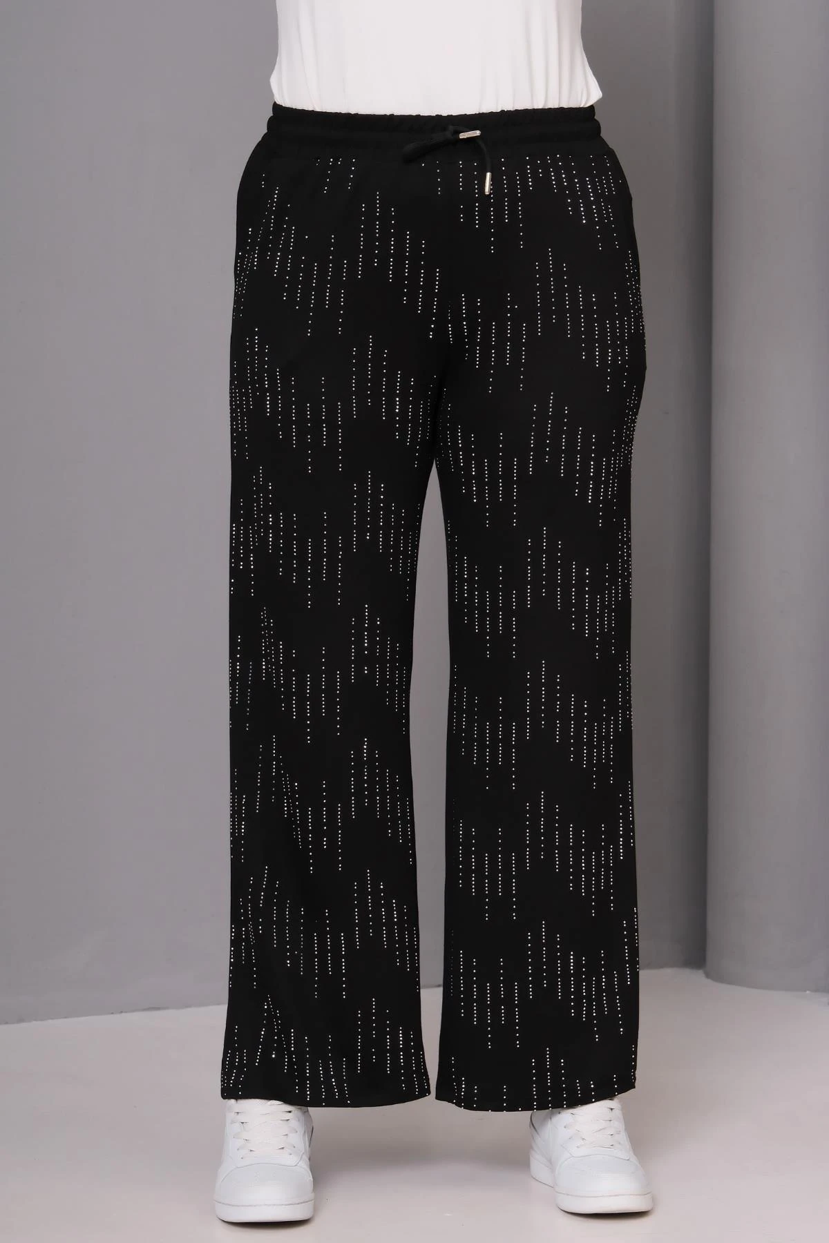 Kadın Büyük Beden Premium Taş Baskılı Siyah Alt Eşofman - Siyah