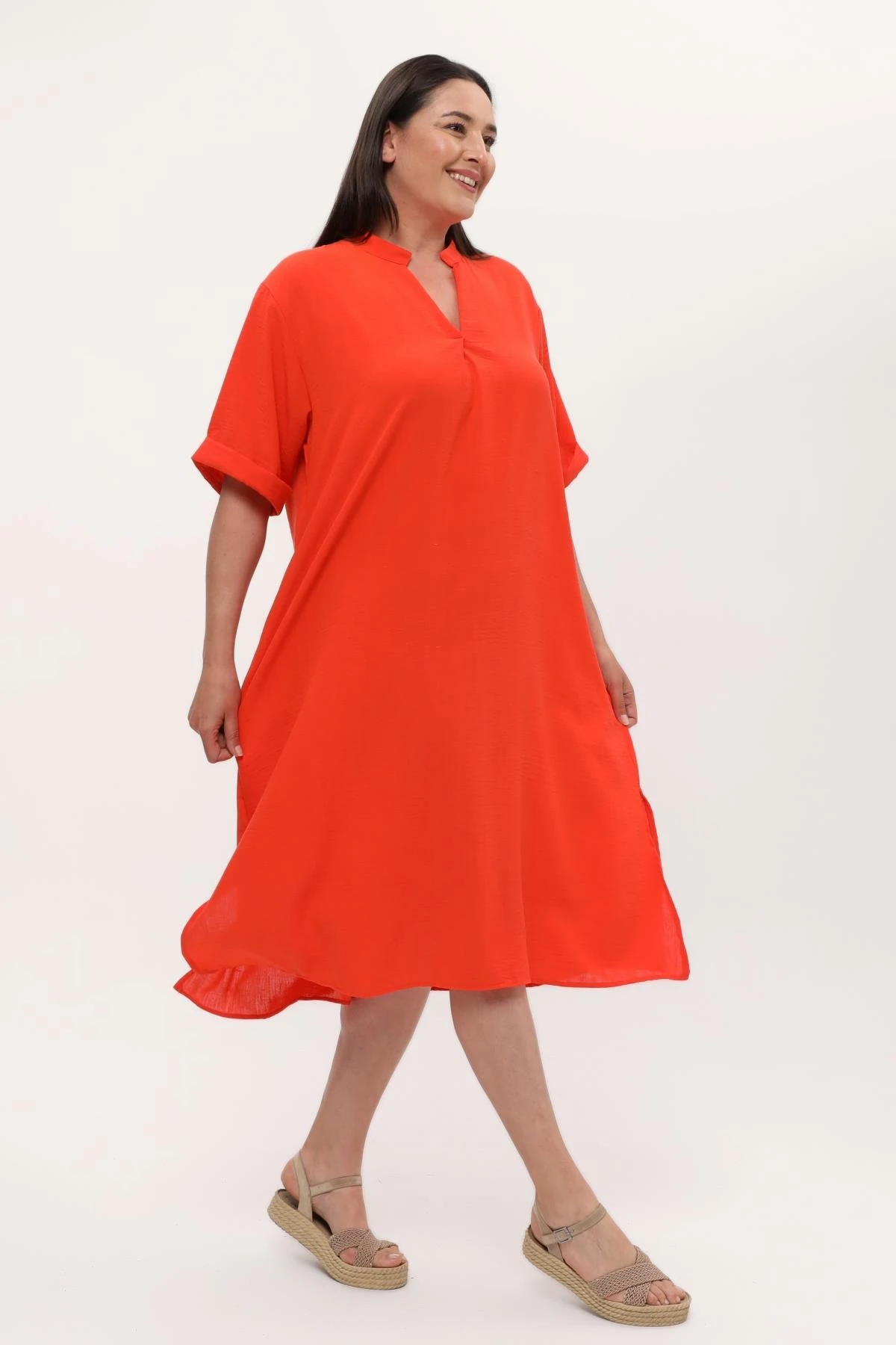 Kadın Büyük Beden Yırtmaçlı Keten Elbise