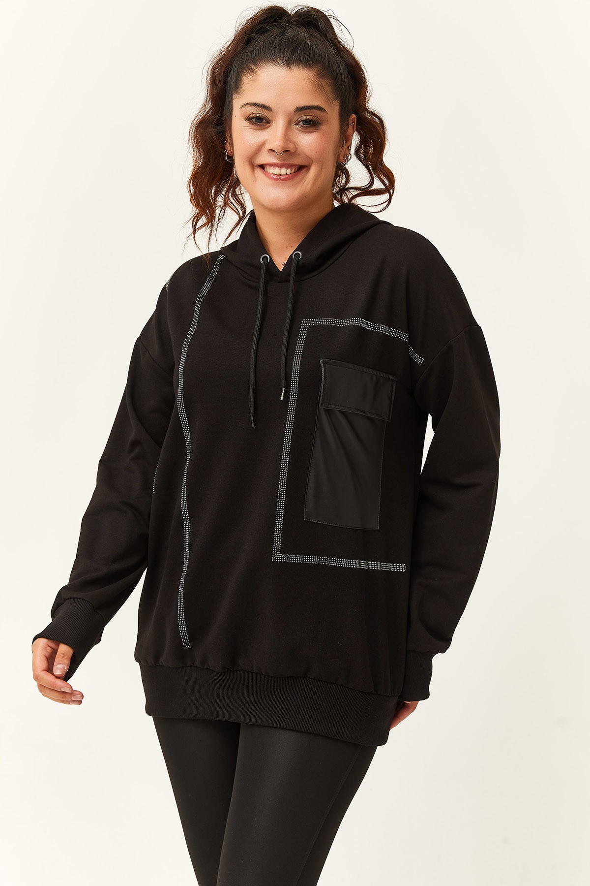 Kadın Büyük Beden Deri Cep Detaylı Taş İşlemeli Sweatshirt - Siyah