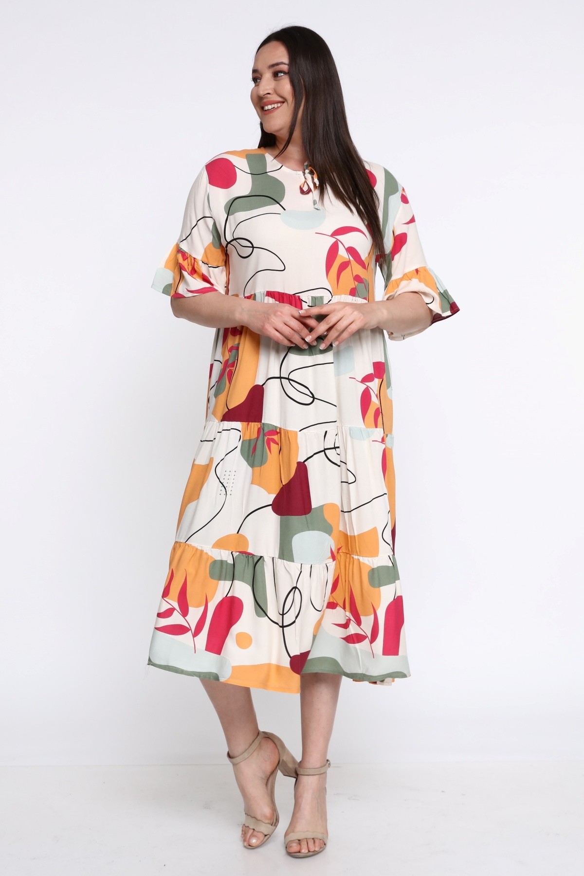 Kadın Büyük Beden Renkli Desenli Yaka Bağlama Detaylı Elbise