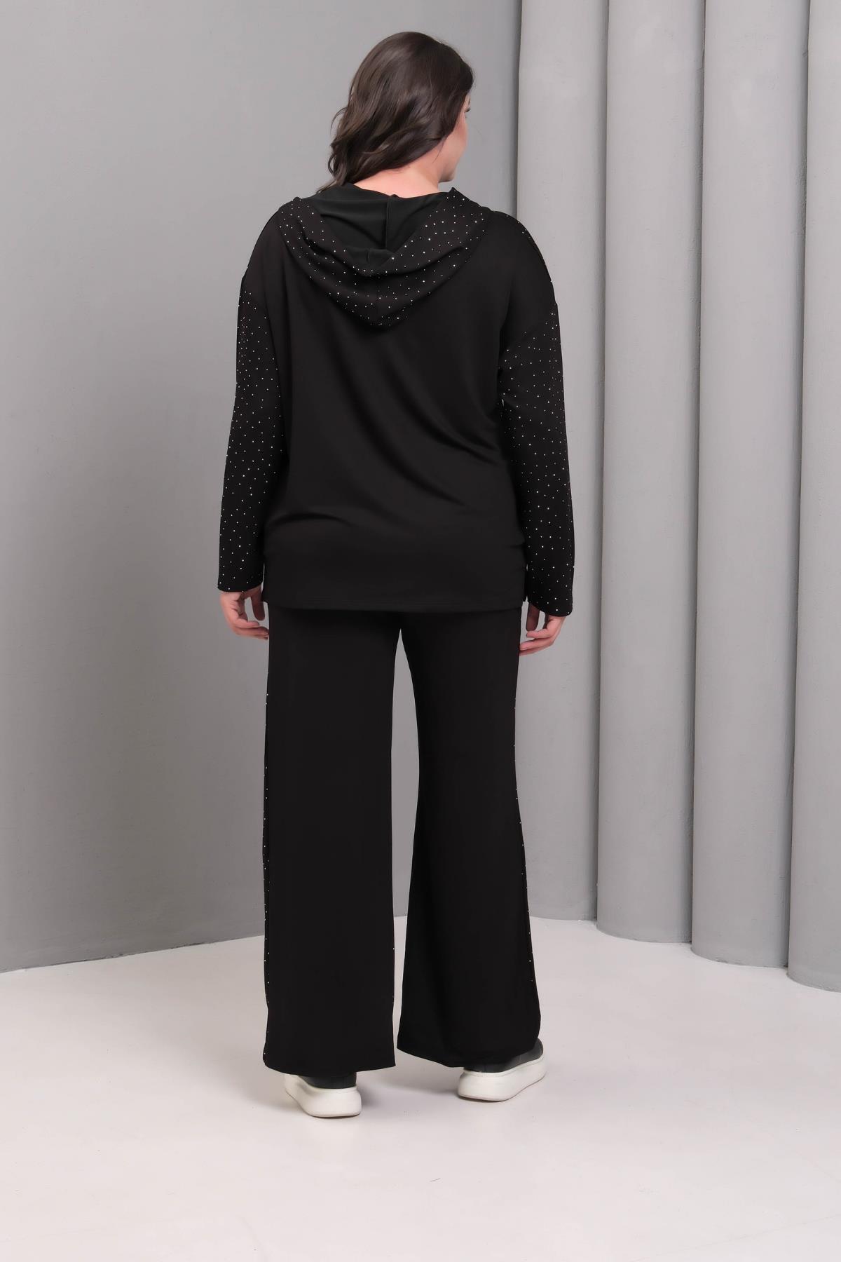 Kadın Büyük Beden Kapüşonlu Taş Baskılı Siyah Eşofman Takımı