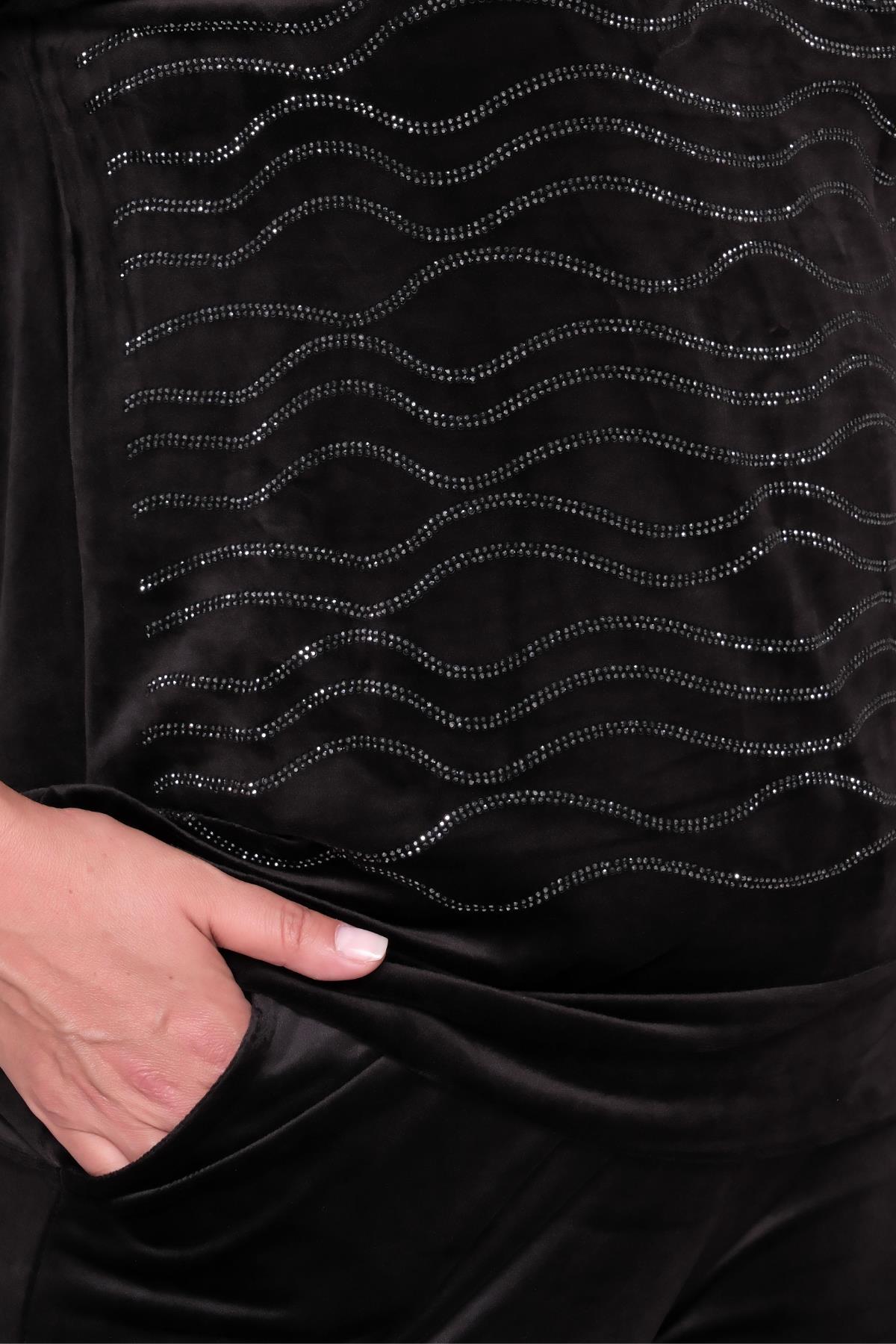 Kadın Büyük Beden Kadife Doğal Taş Görünümlü Siyah Eşofman Takımı - Siyah