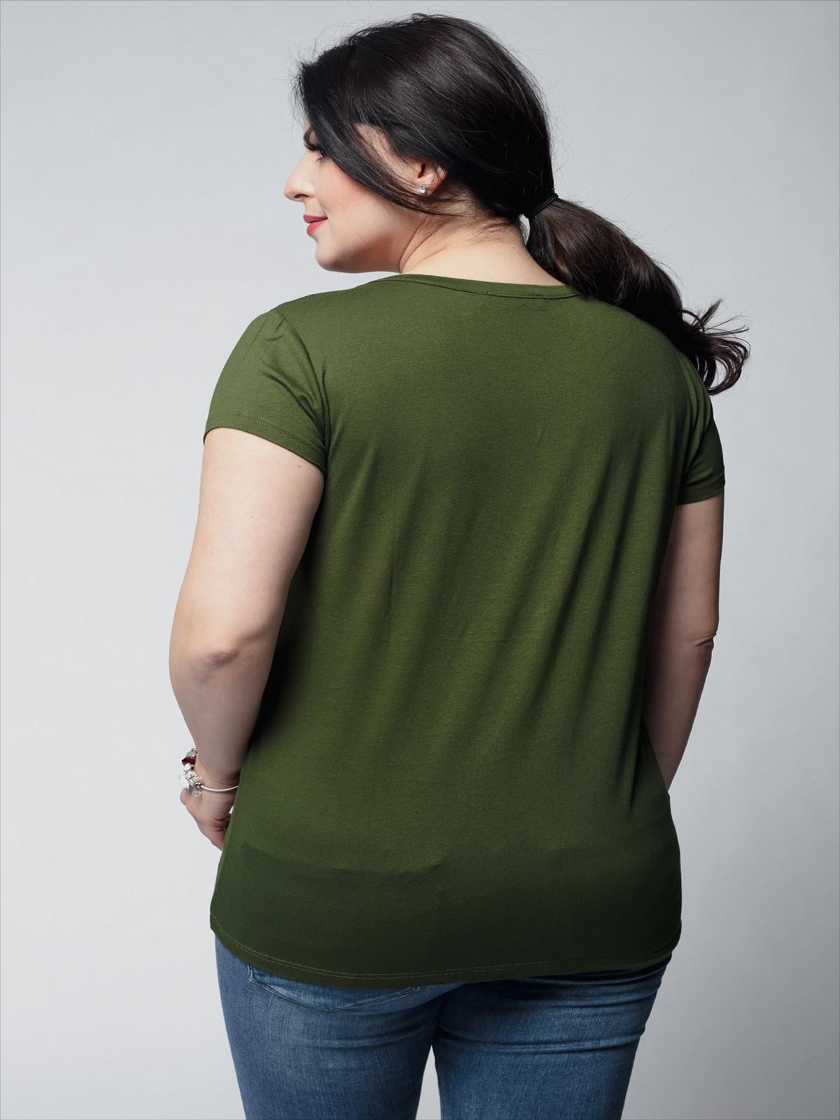 Kadın Büyük Beden V Yaka Basic Kısa Kollu T-Shirt - Haki