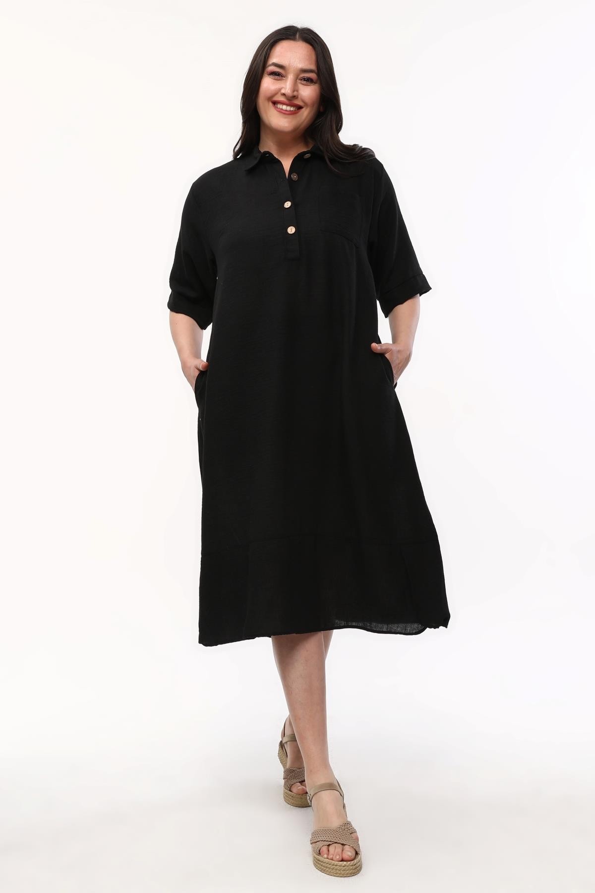 Kadın Büyük Beden Gömlek Yaka Keten Görünümlü Elbise - Siyah