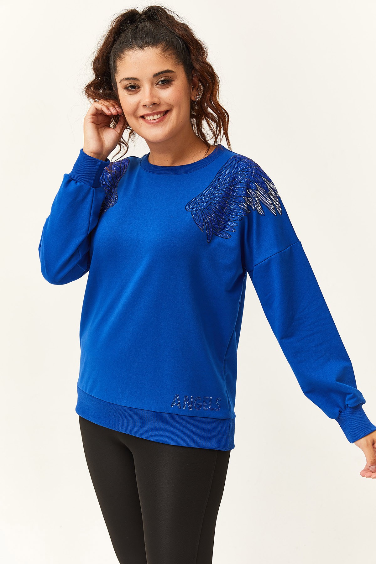 Kadın Büyük Beden Angels Taş Baskılı Sweatshirt - Mavi