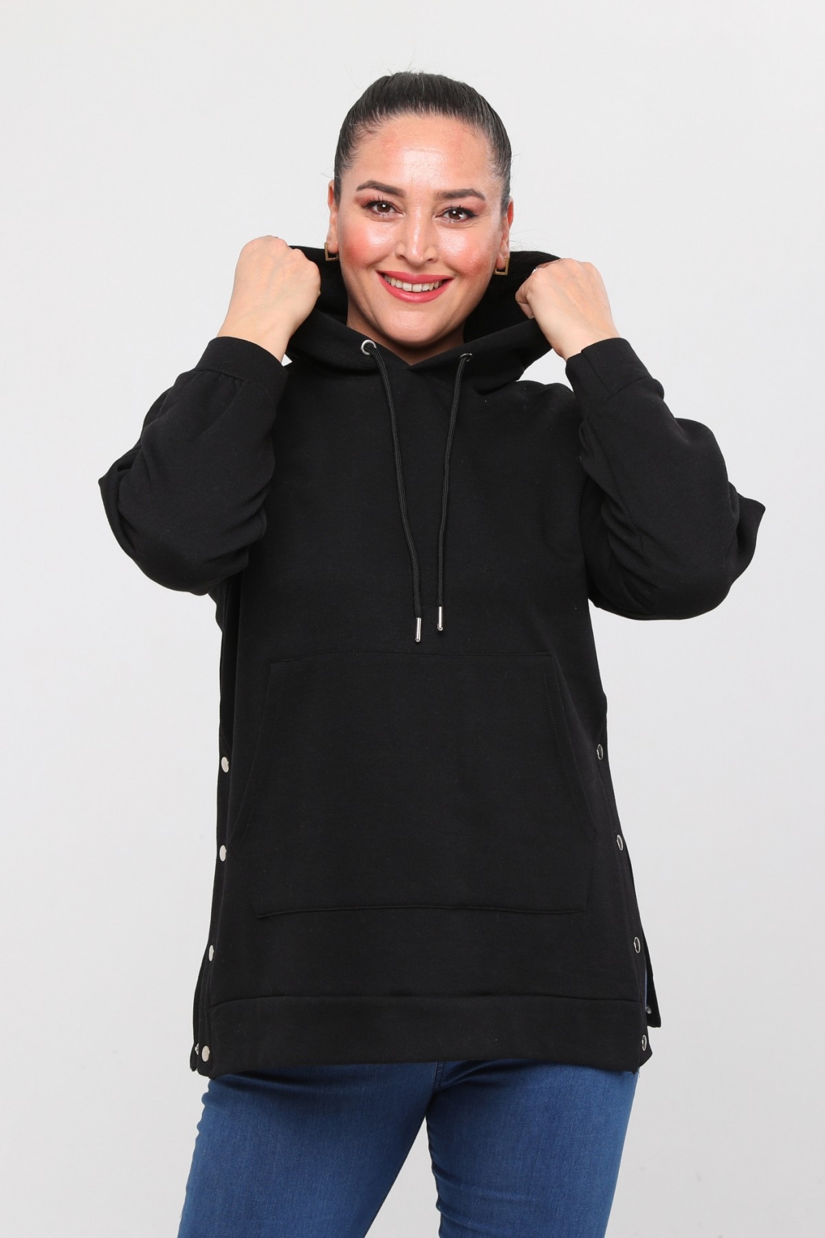 Kadın Büyük Beden Yanlar Çıt Çıt Kapamalı Basic Sweatshirt