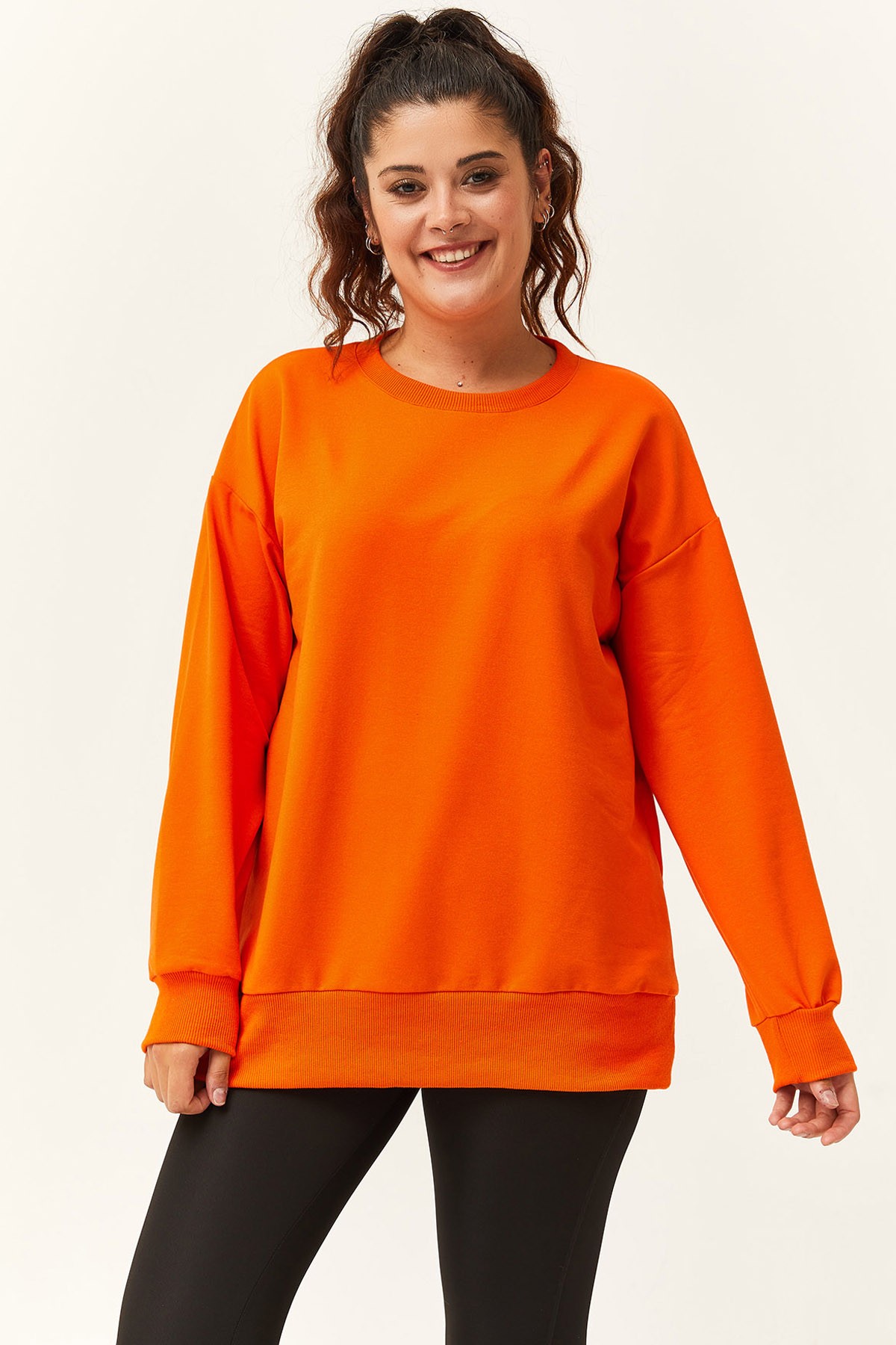 Kadın Büyük Beden Basic Sweatshirt - Turuncu