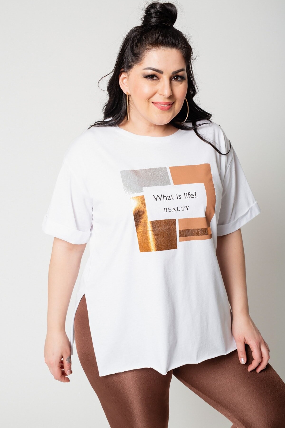Kadın Büyük Beden Ve Baskı Detaylı T-Shirt - Beyaz