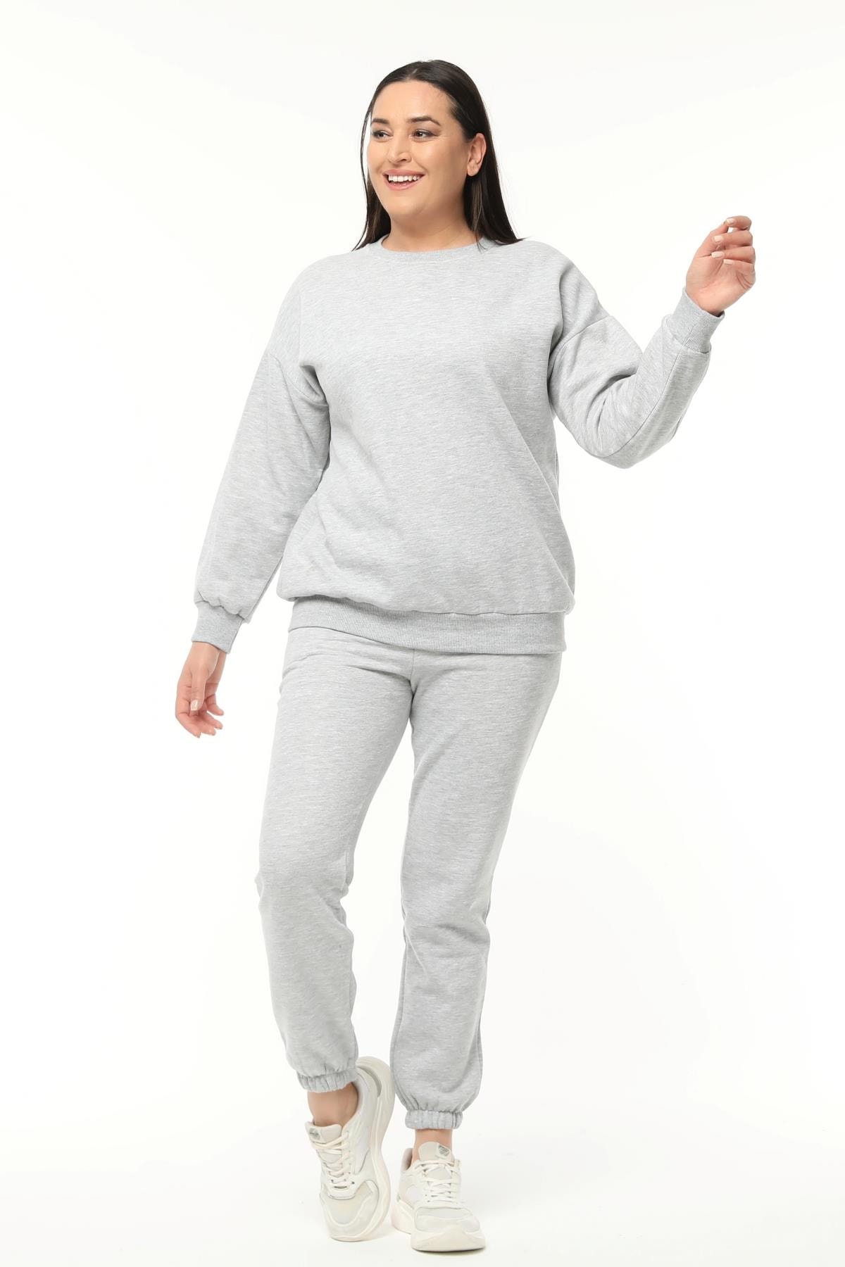 Kadın Büyük Beden Basıc Şardonlu Sweatshirt - Gri