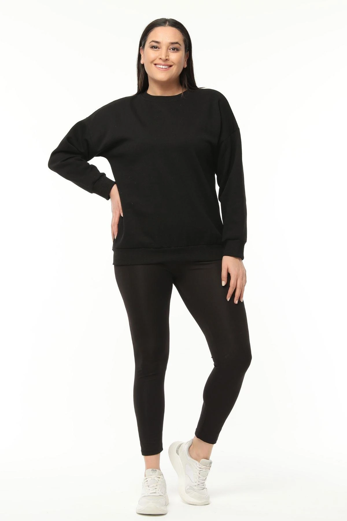 Kadın Büyük Beden Basıc Şardonlu Sweatshirt - Siyah