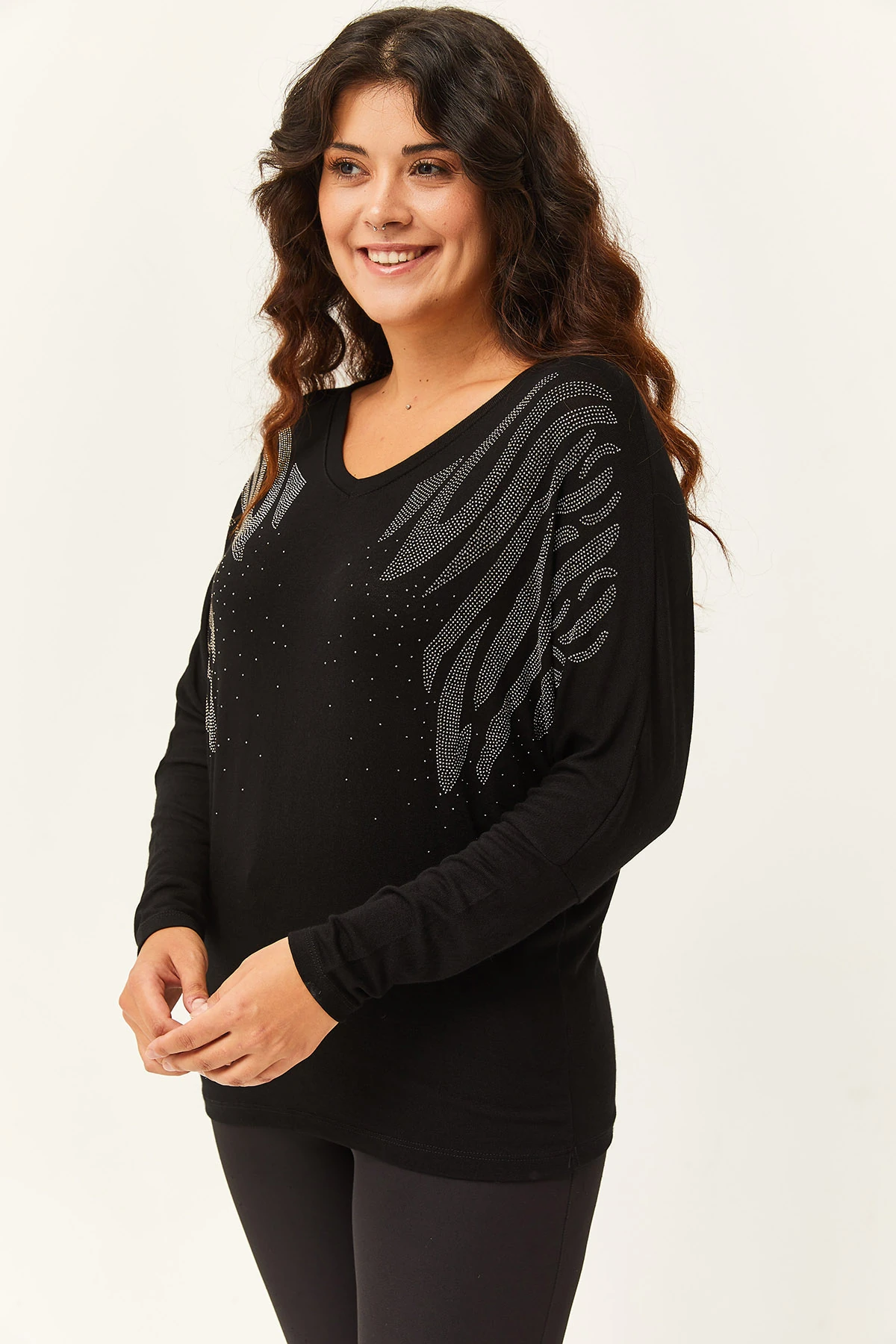 Kadın Büyük Beden Yarasa Kol Taş Desenli Bluz - Siyah