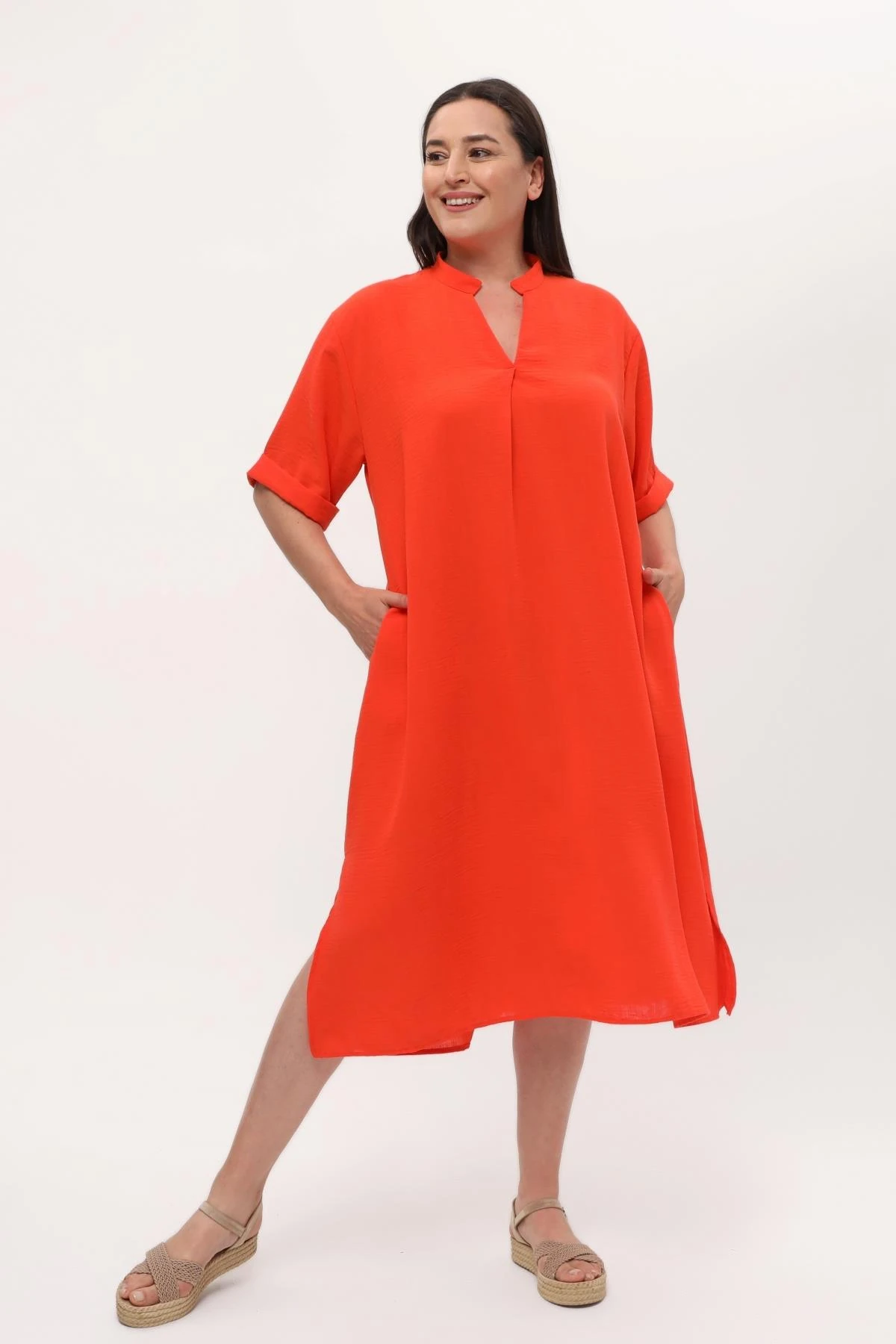 Kadın Büyük Beden Yırtmaçlı Keten Elbise