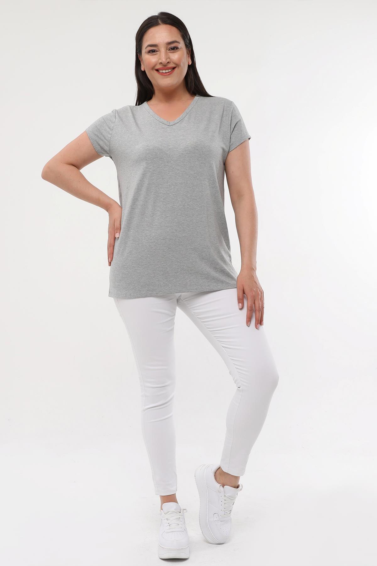 Kadın Büyük Beden V Yaka Basic Kısa Kollu T-Shirt - Gri