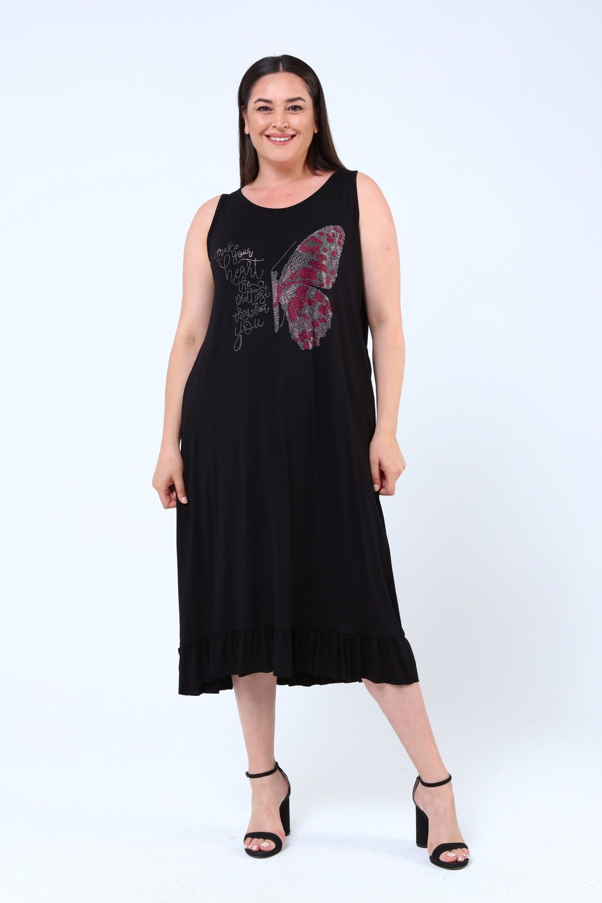 Kadın Büyük Beden Taş Kelebek Baskılı Elbise - Siyah-Pembe