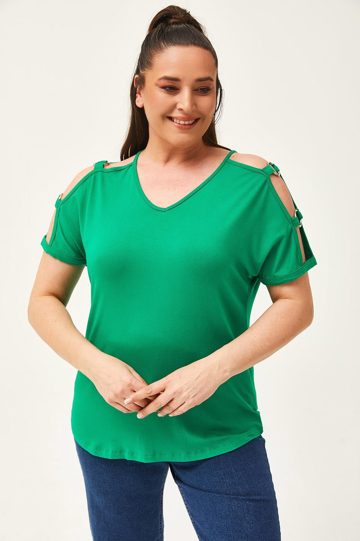 Kadın Büyük Beden Omzu Halka Detay Bluz - Yeşil