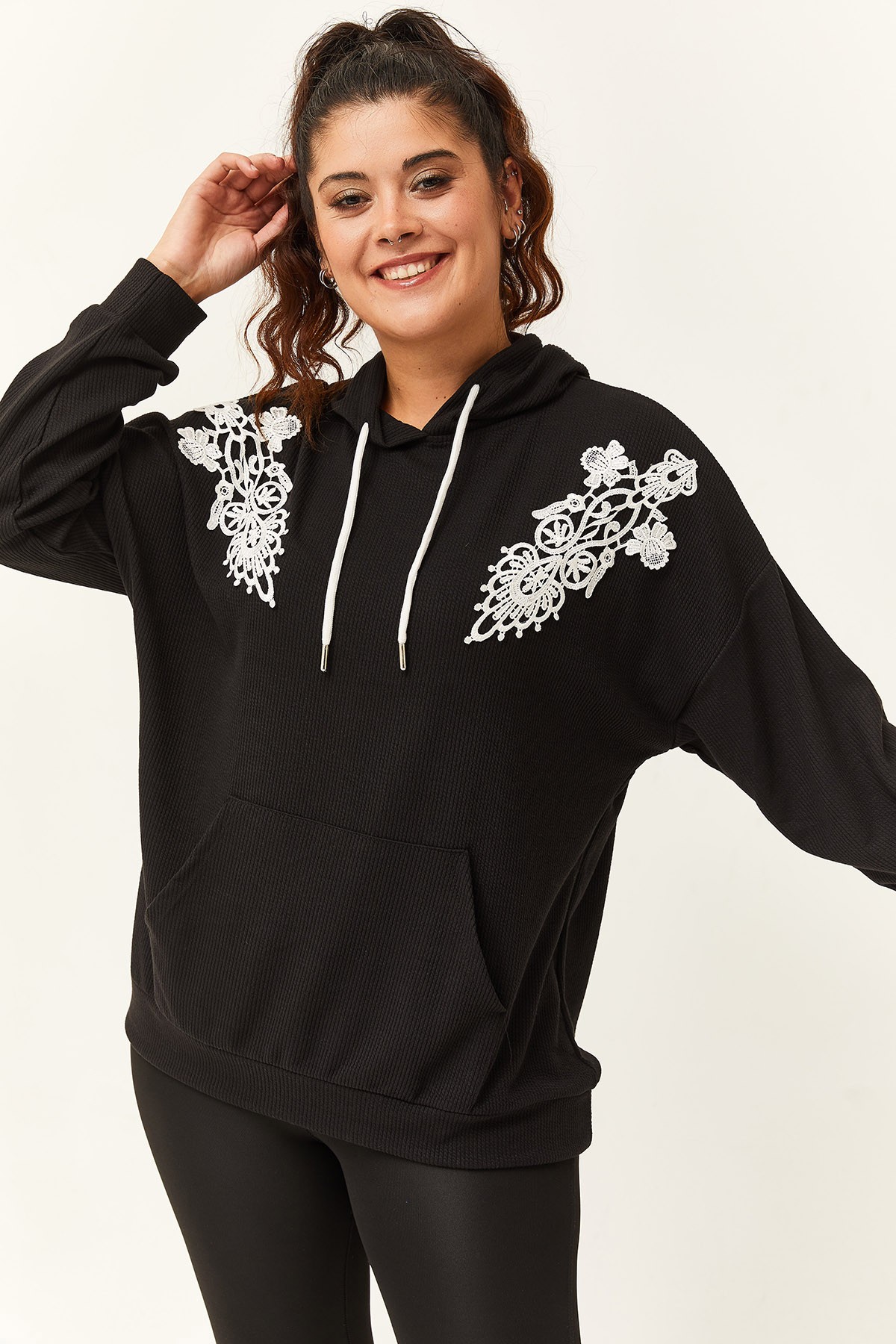 Kadın Büyük Beden Fitilli Örme Dantel Detaylı Sweatshirt