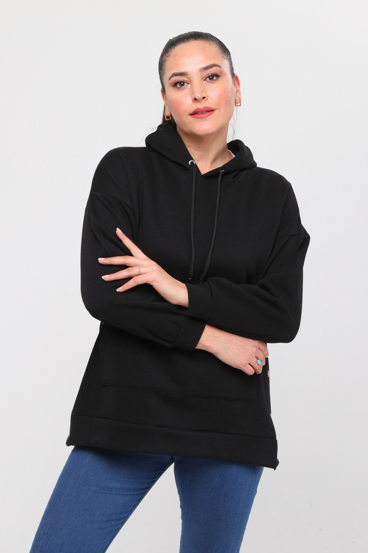 Kadın Büyük Beden Yanlar Çıt Çıt Kapamalı Basic Sweatshirt